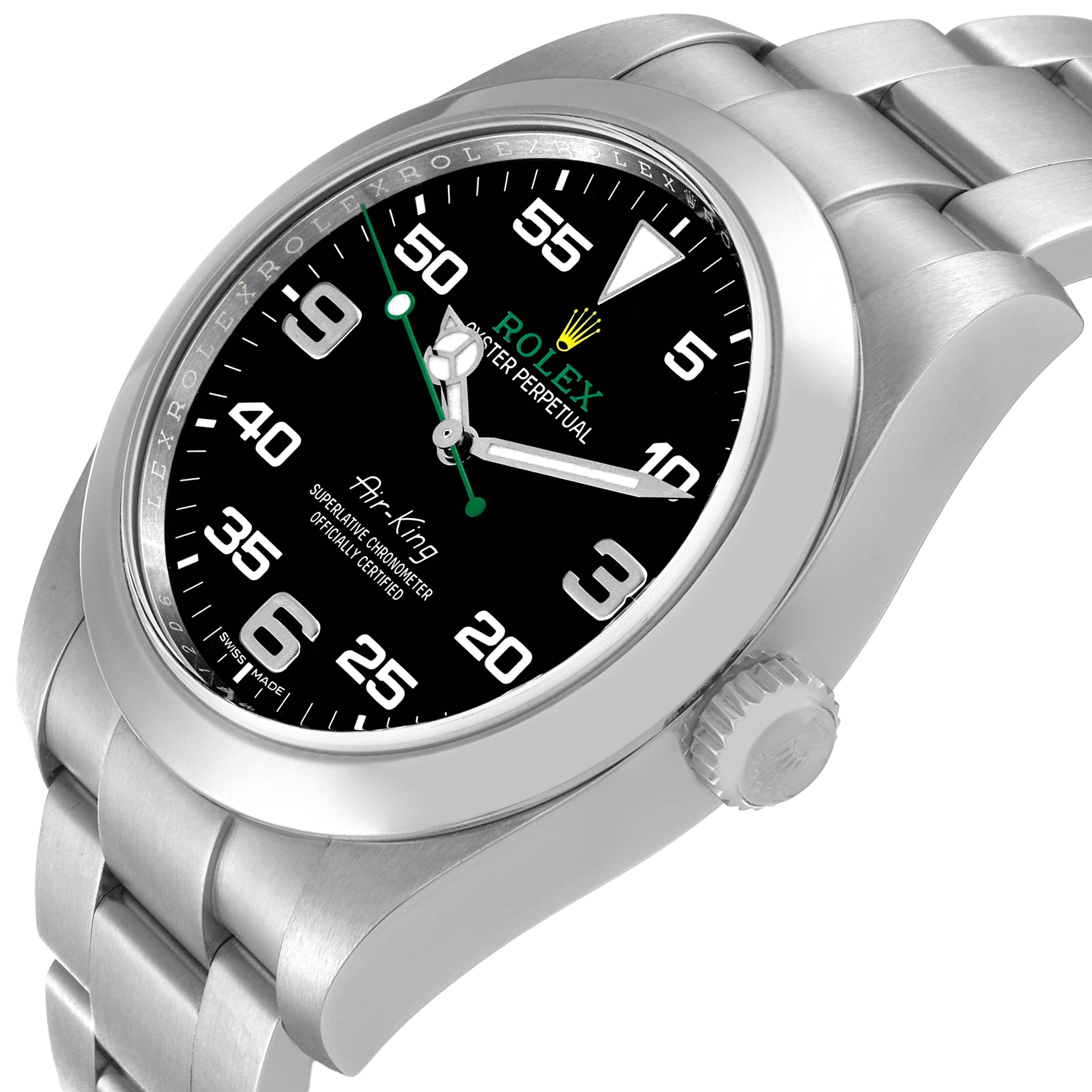 The image shows a Rolex Air-King 116900 Men's Stainless Steel Black Dial 116900 Men's Stainless Steel Black Dial watch from a front-angle view highlighting the dial, bezel, crown, and bracelet.