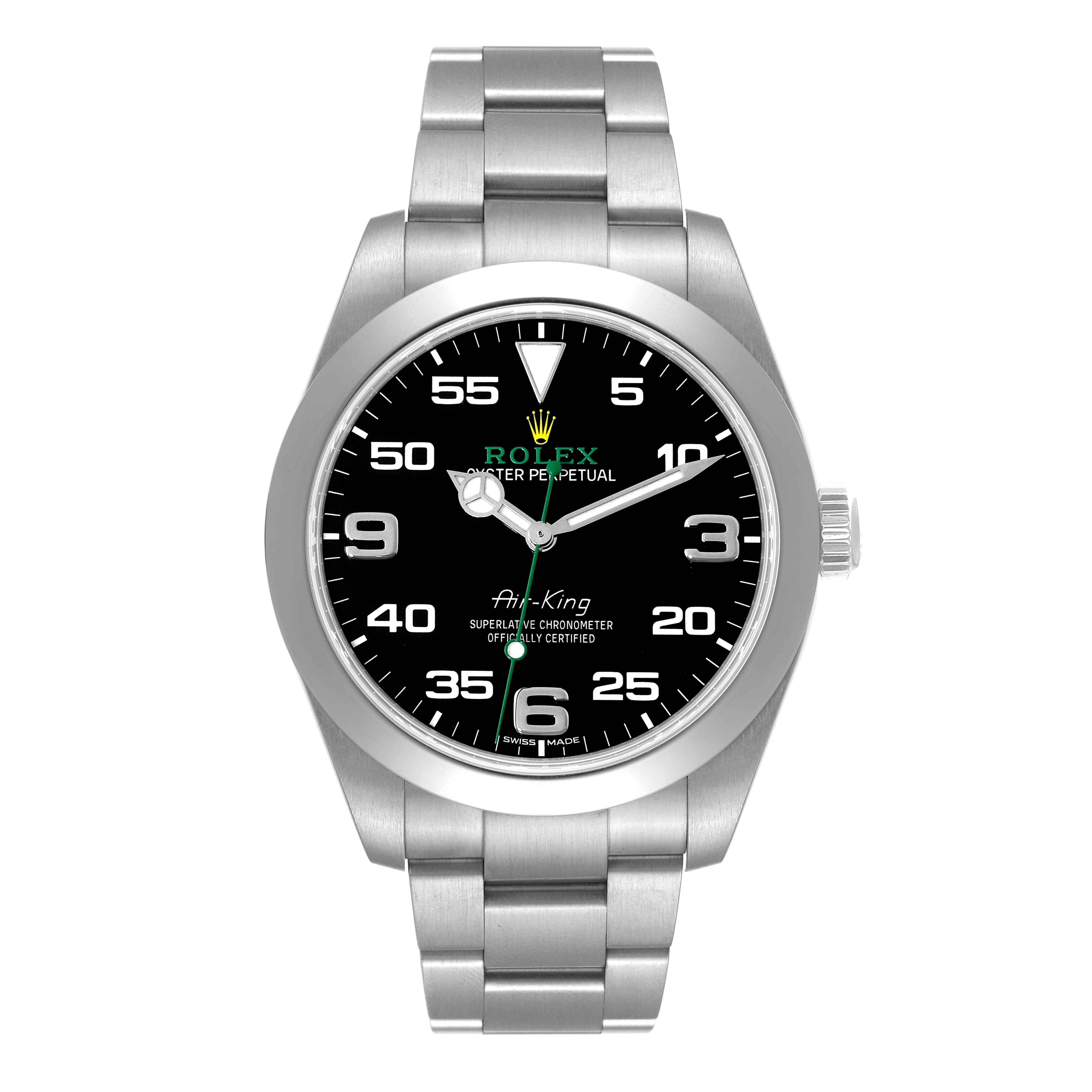 The image shows a Rolex Air-King 116900 Men's Stainless Steel Black Dial 116900 Men's Stainless Steel Black Dial watch, front view, displaying the dial, hands, and full stainless steel bracelet.