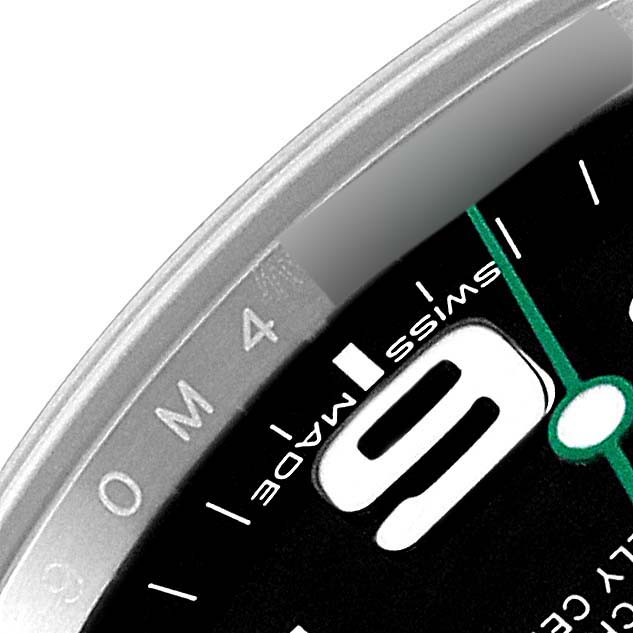This close-up image of a Rolex Air-King 116900 Men's Stainless Steel Black Dial 116900 Men's Stainless Steel Black Dial watch shows parts of the dial, hands, and the numerals.