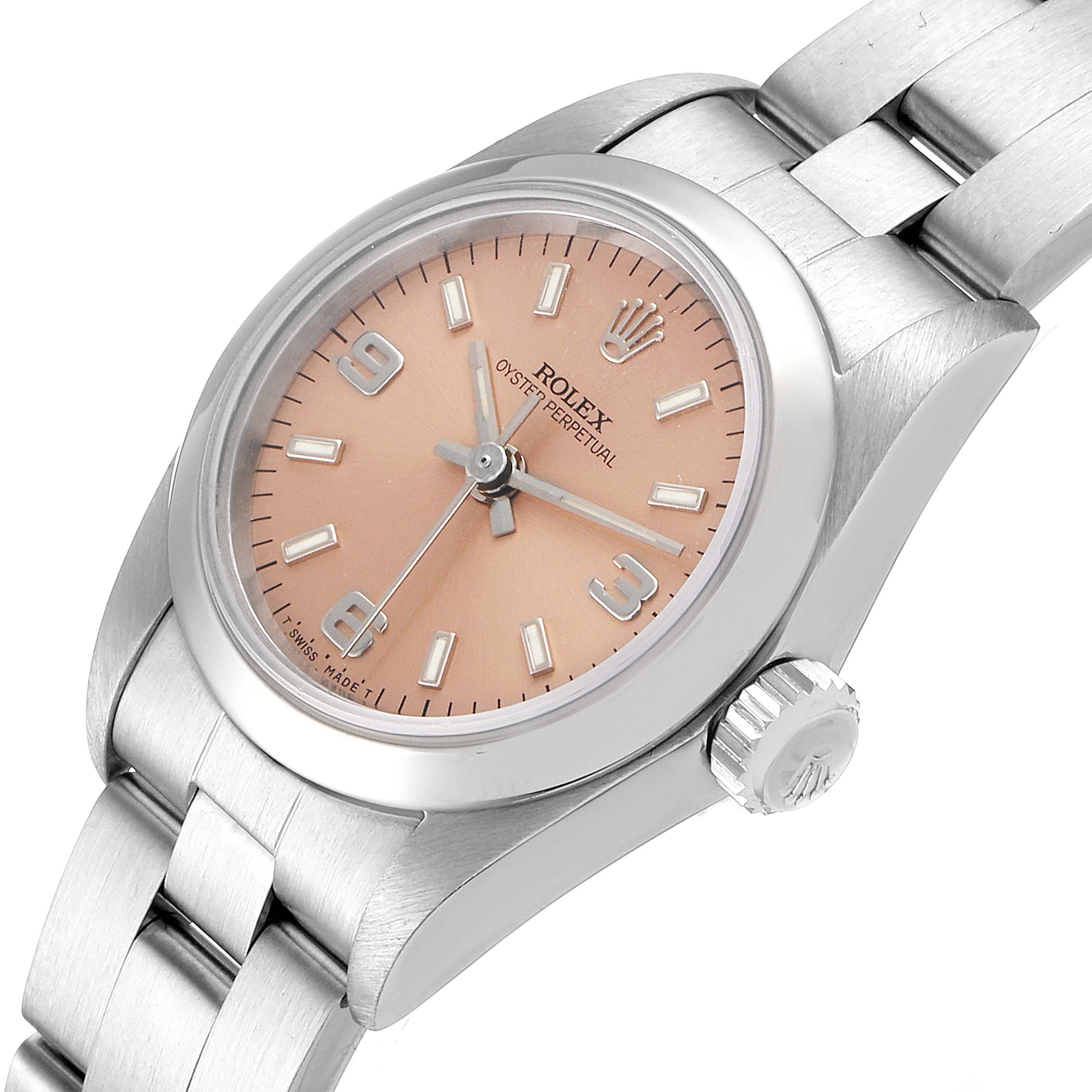 The image shows a close-up angle of a Rolex Oyster Perpetual 67180 Women's Stainless Steel Pink Dial 67180 Women's Stainless Steel Pink Dial, highlighting its dial, bezel, crown, and part of the bracelet.