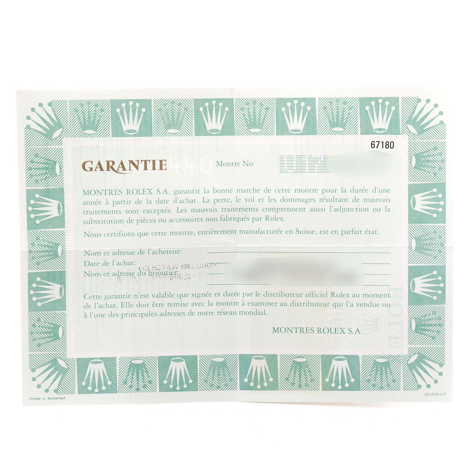 This image shows the warranty certificate for the Rolex Oyster Perpetual 67180 Women's Stainless Steel Pink Dial 67180 Women's Stainless Steel Pink Dial model.