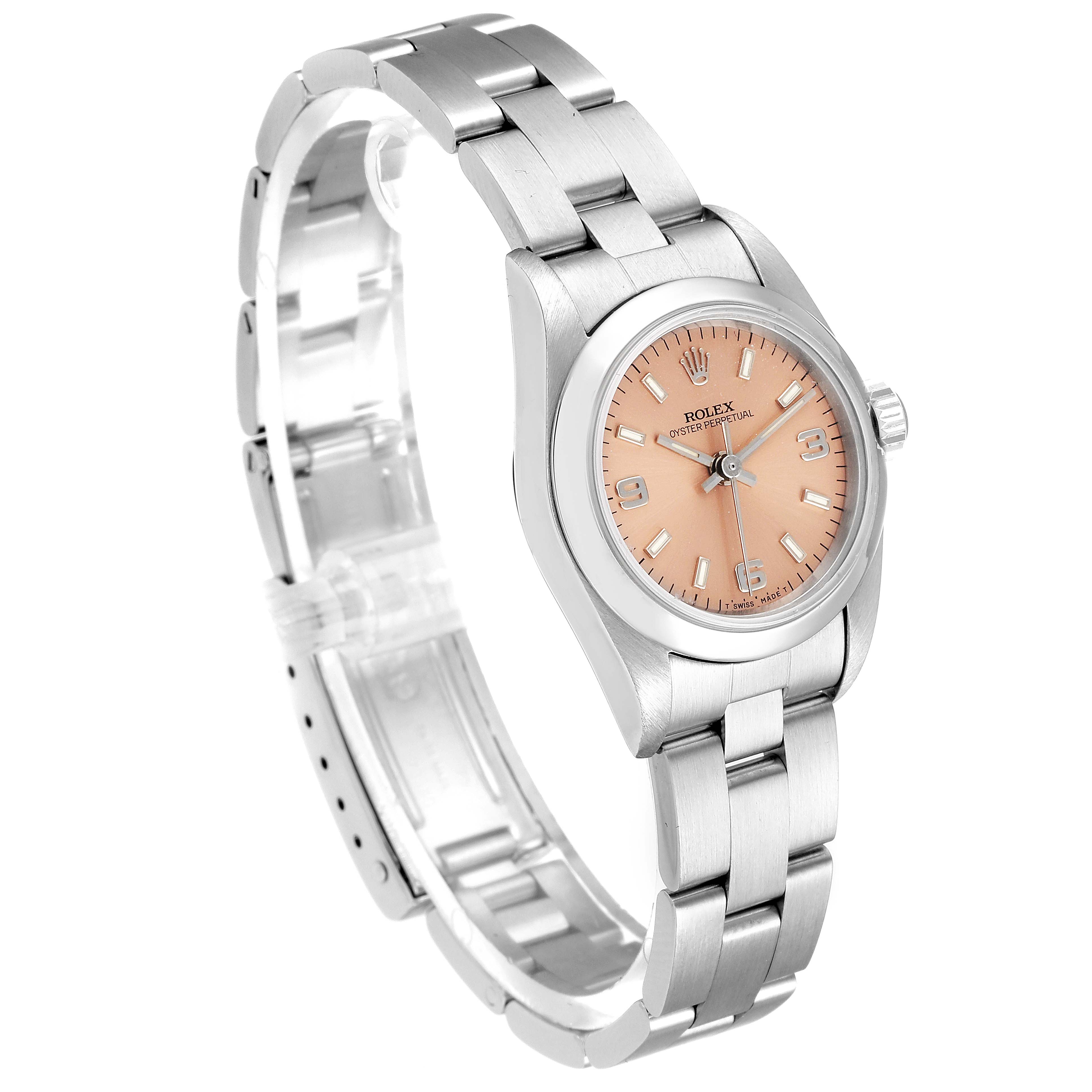 This image shows a Rolex Oyster Perpetual 67180 Women's Stainless Steel Pink Dial 67180 Women's Stainless Steel Pink Dial watch at an angled side view, highlighting its pink dial and metal bracelet.
