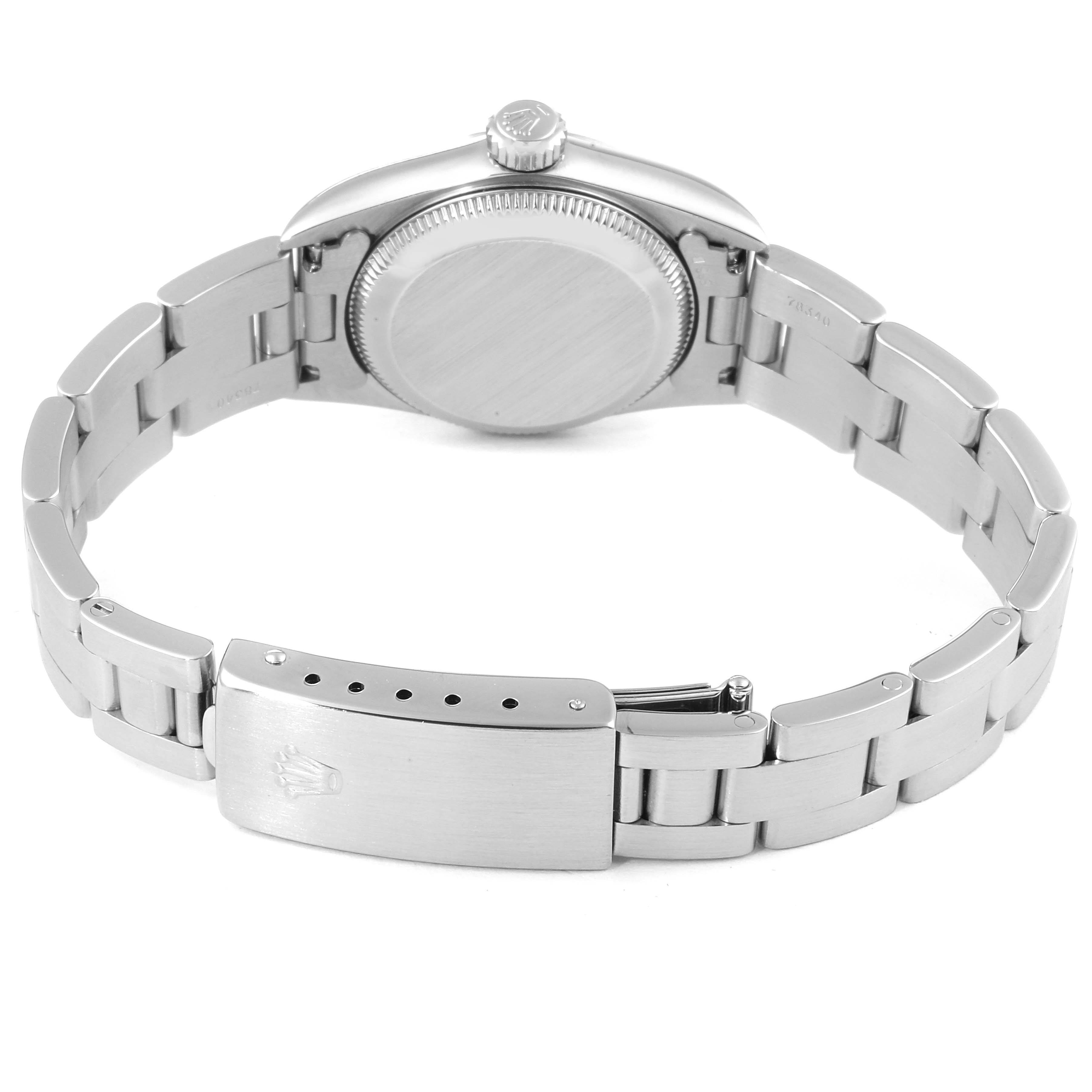 The image shows the back case and bracelet clasp of a Rolex Oyster Perpetual 67180 Women's Stainless Steel Pink Dial 67180 Women's Stainless Steel Pink Dial watch.