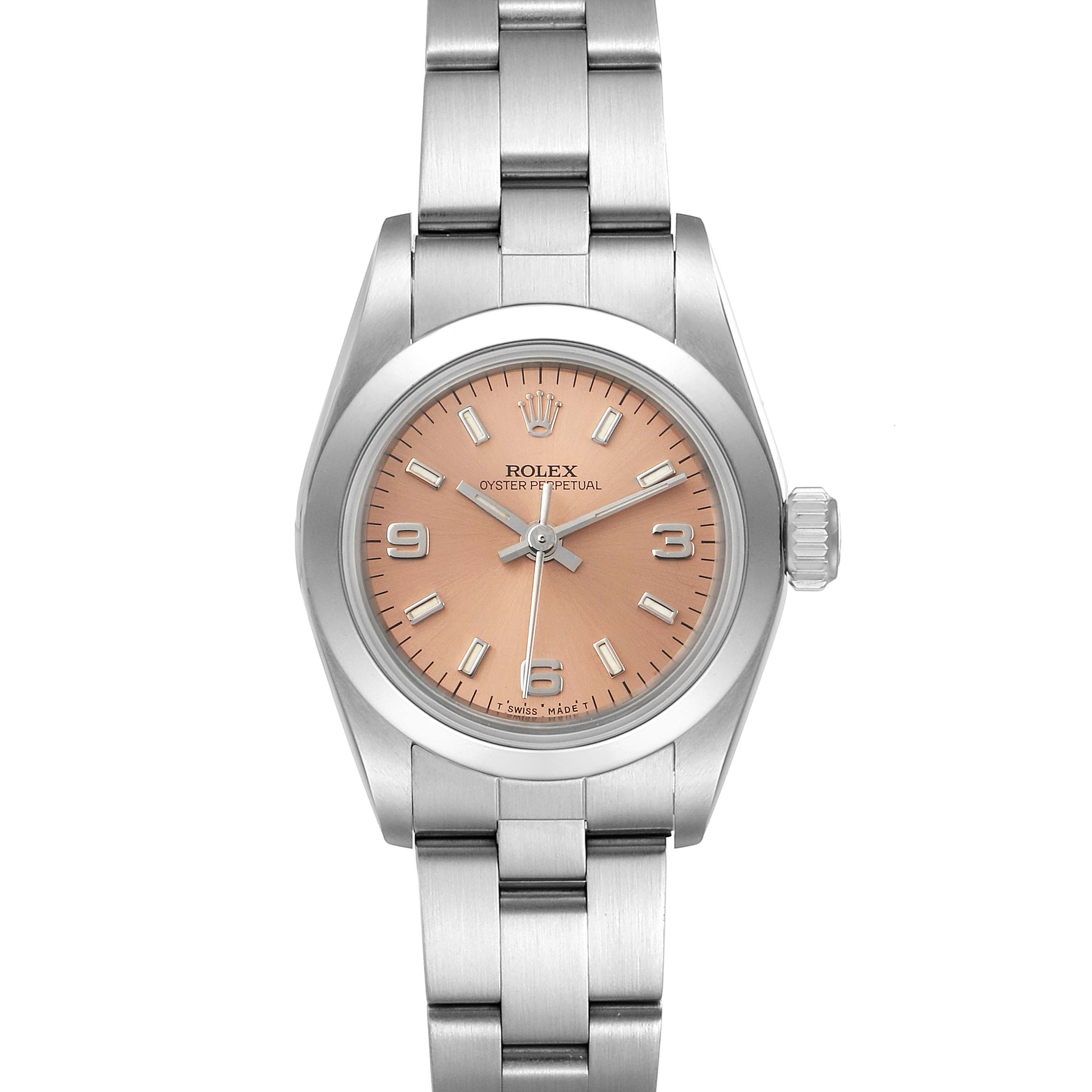 This image shows a front view of the Rolex Oyster Perpetual 67180 Women's Stainless Steel Pink Dial 67180 Women's Stainless Steel Pink Dial watch, featuring its dial, crown, and bracelet.