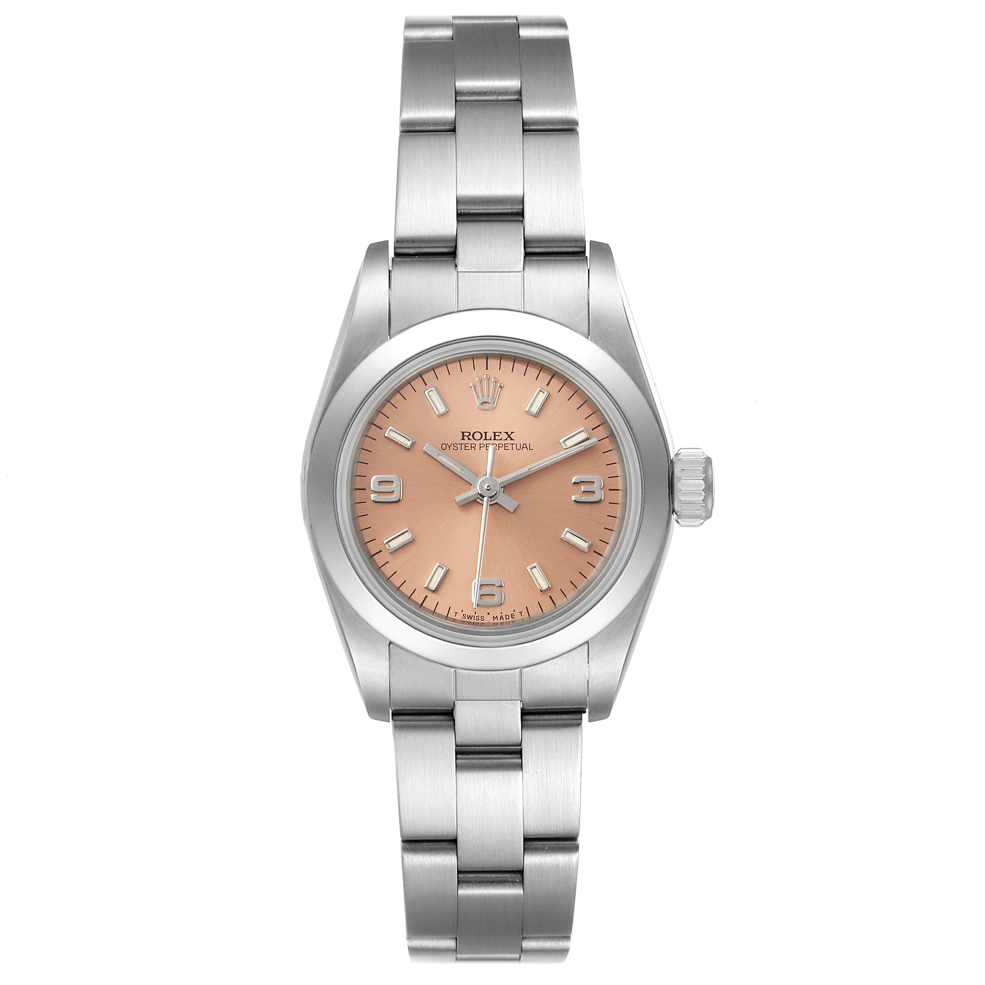 This is a head-on view of a Rolex Oyster Perpetual 67180 Women's Stainless Steel Pink Dial 67180 Women's Stainless Steel Pink Dial watch showing its face, bracelet, and crown.