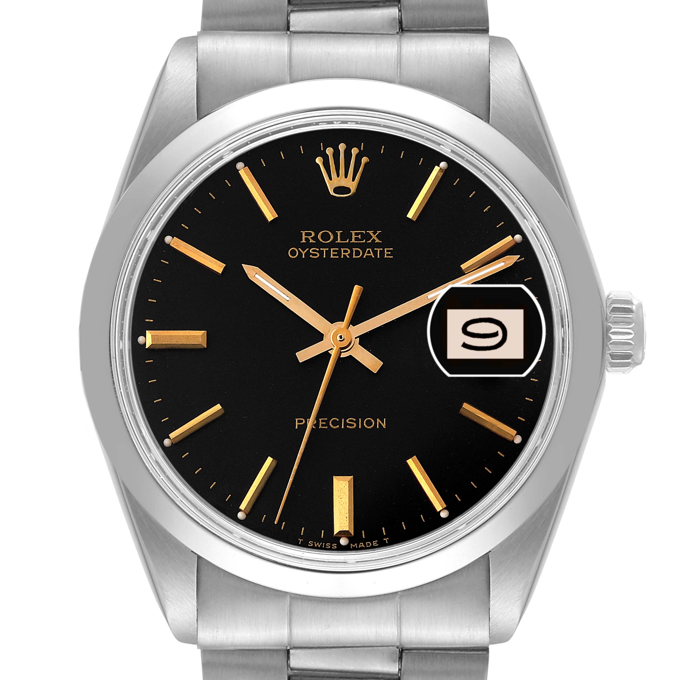 The image shows a front view of the Rolex Vintage Collection 6694 Men's Stainless Steel Black Dial 6694 Men's Stainless Steel Black Dial Oysterdate watch, highlighting the black dial, gold markers, and date window.