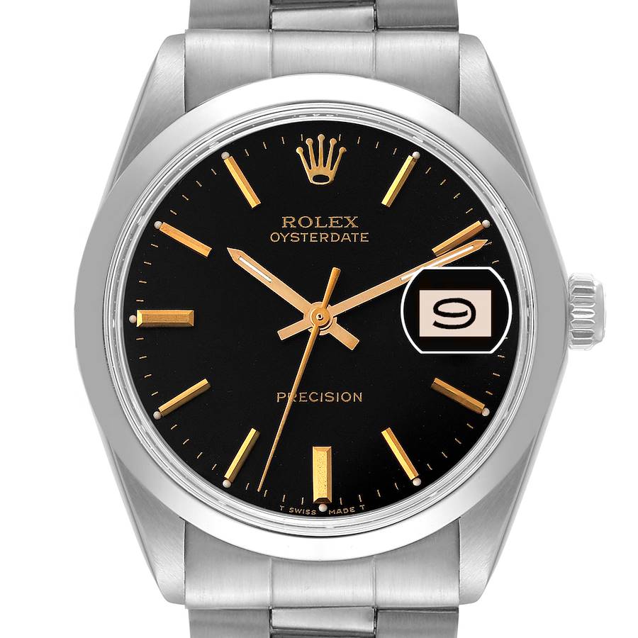 Rolex OysterDate Precision Black Gilt Dial Vintage Steel Mens Watch 6694 SwissWatchExpo