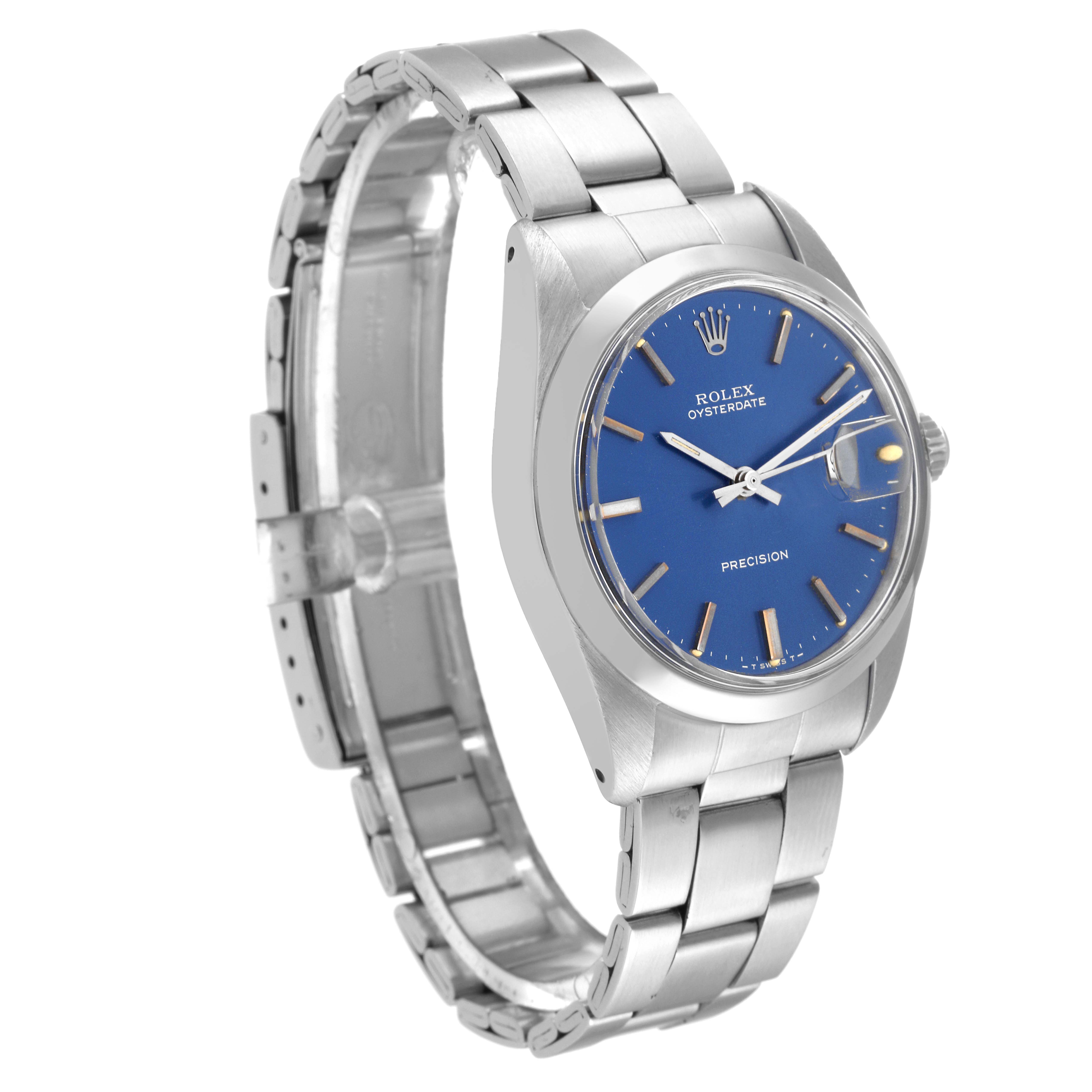 The Rolex Vintage Collection 6694 Men's Stainless Steel Blue Dial 6694 Men's Stainless Steel Blue Dial model is shown at an angled side view, displaying the blue dial face, case, bracelet, and crown.
