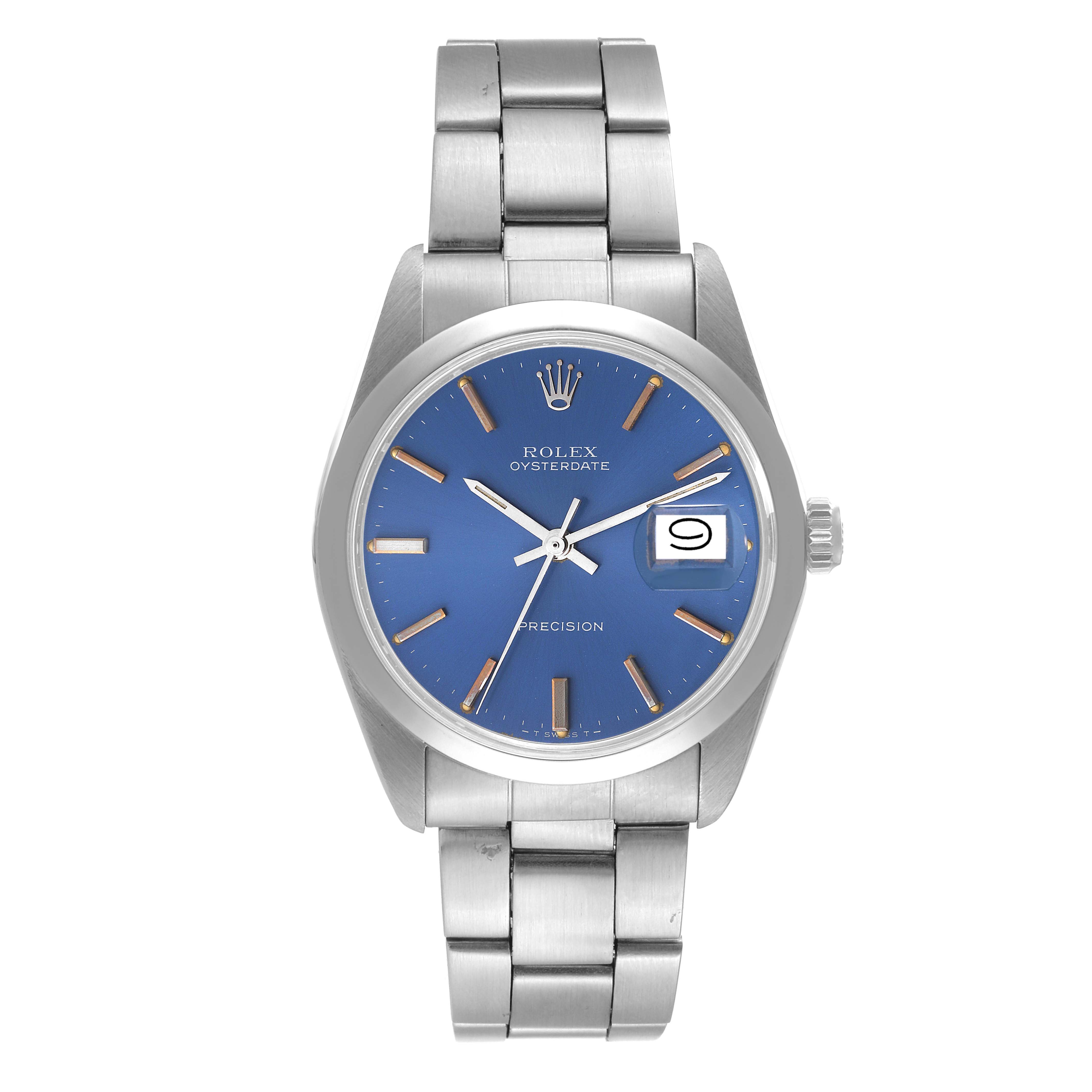 The image shows a front view of a Rolex Vintage Collection 6694 Men's Stainless Steel Blue Dial 6694 Men's Stainless Steel Blue Dial Oysterdate watch with a blue dial and stainless steel bracelet.