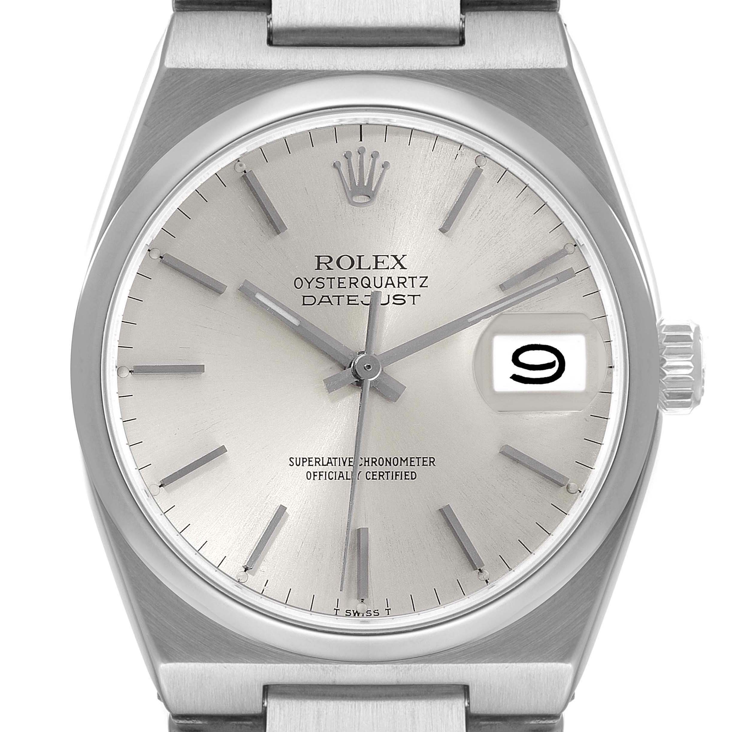 This image shows a direct front view of the Rolex Oysterquartz 17000 Men's Stainless Steel Silver Dial 17000 Men's Stainless Steel Silver Dial Datejust, displaying the dial, hands, crown, and part of the bracelet.