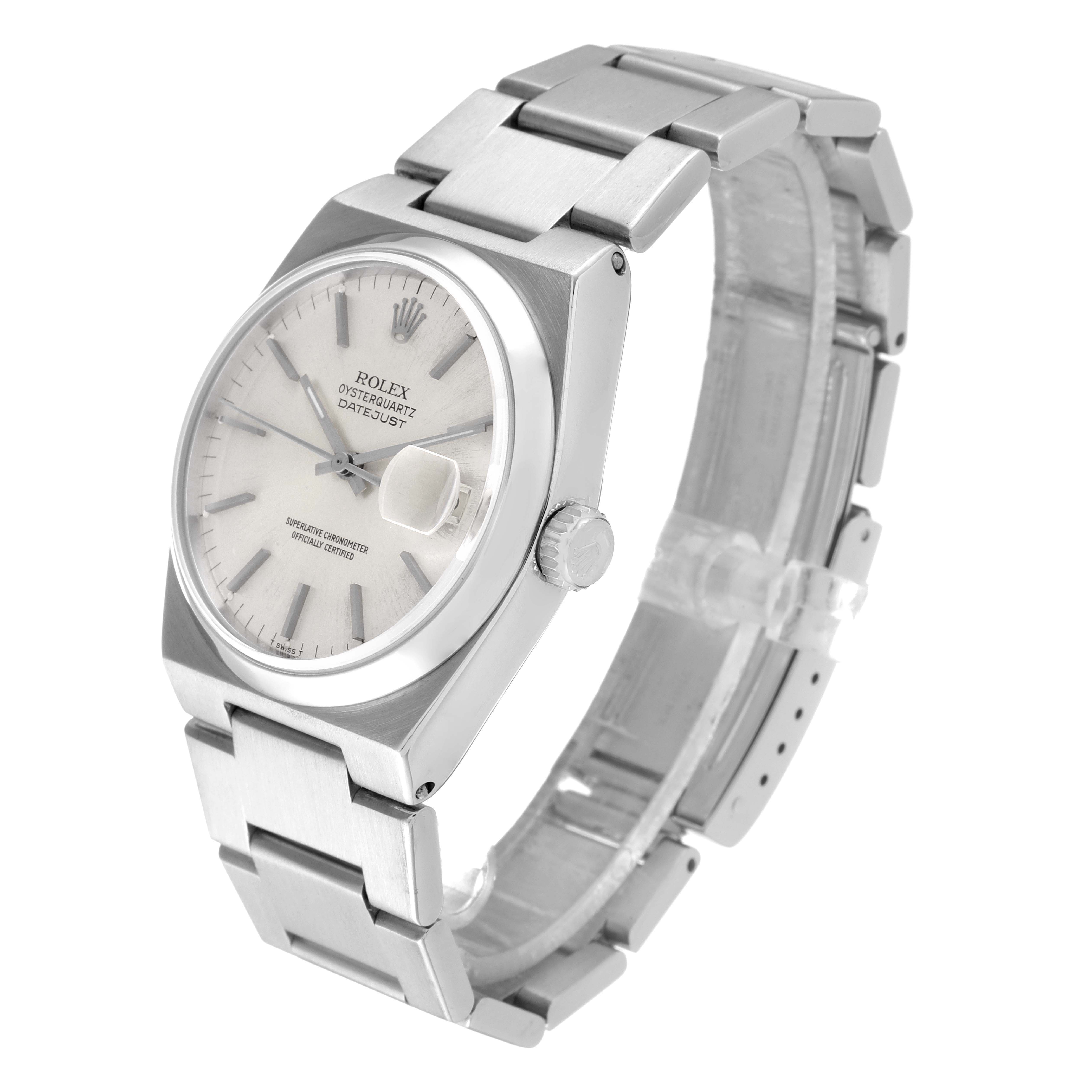 The image shows a Rolex Oysterquartz 17000 Men's Stainless Steel Silver Dial 17000 Men's Stainless Steel Silver Dial Datejust watch at a slight angle, showcasing its face, crown, and bracelet.