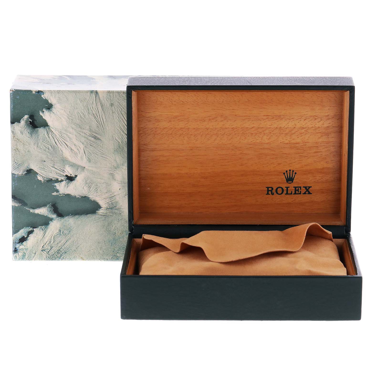 The image shows an open Rolex Oysterquartz 17000 Men's Stainless Steel Silver Dial 17000 Men's Stainless Steel Silver Dial watch box with a wooden interior and a fabric cloth inside.