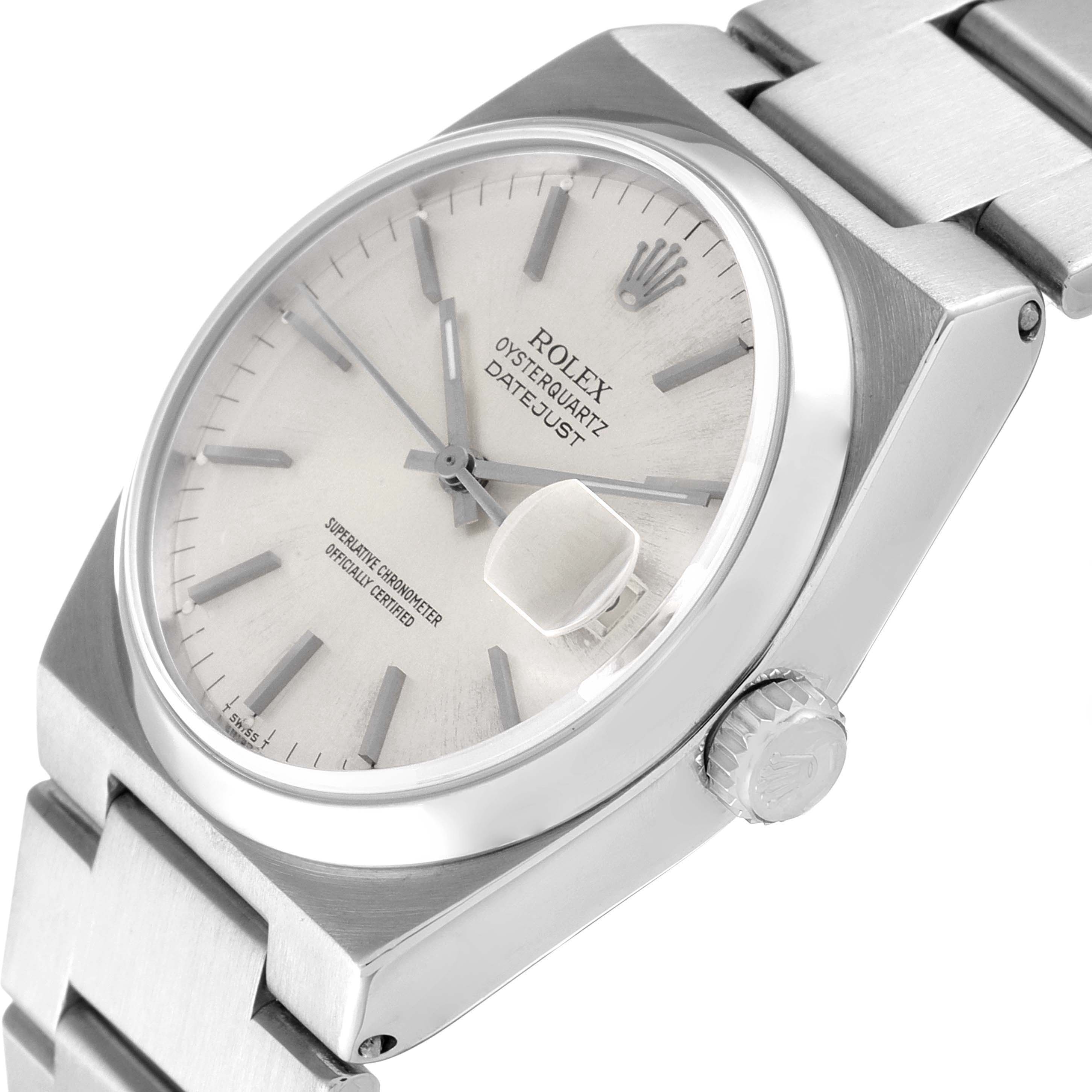 This image shows a close-up, angled view of the dial, bezel, case, and bracelet of a Rolex Oysterquartz 17000 Men's Stainless Steel Silver Dial 17000 Men's Stainless Steel Silver Dial Datejust watch.