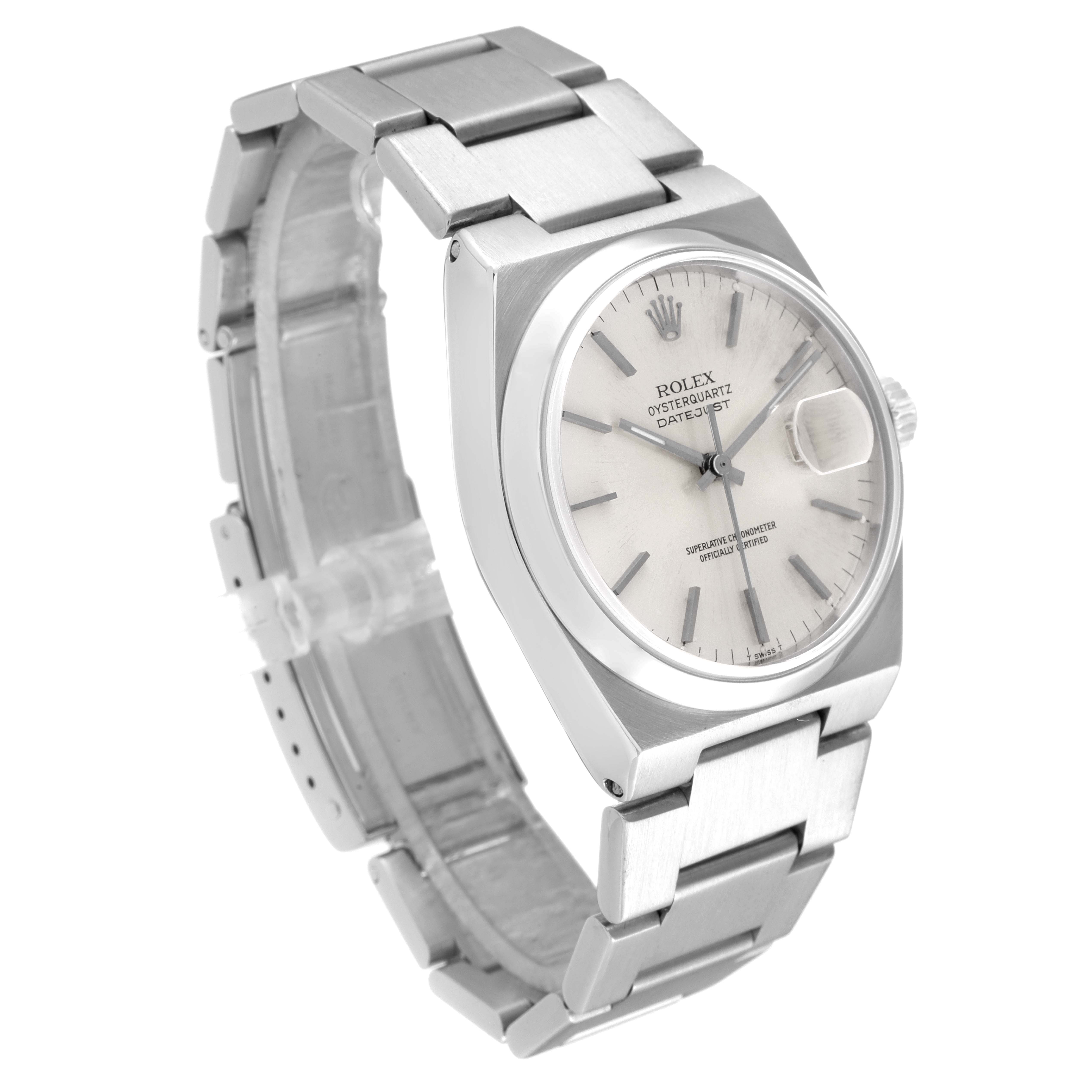 The Rolex Oysterquartz 17000 Men's Stainless Steel Silver Dial 17000 Men's Stainless Steel Silver Dial watch is shown at a three-quarter angle, highlighting the dial, crown, bracelet, and clasp.