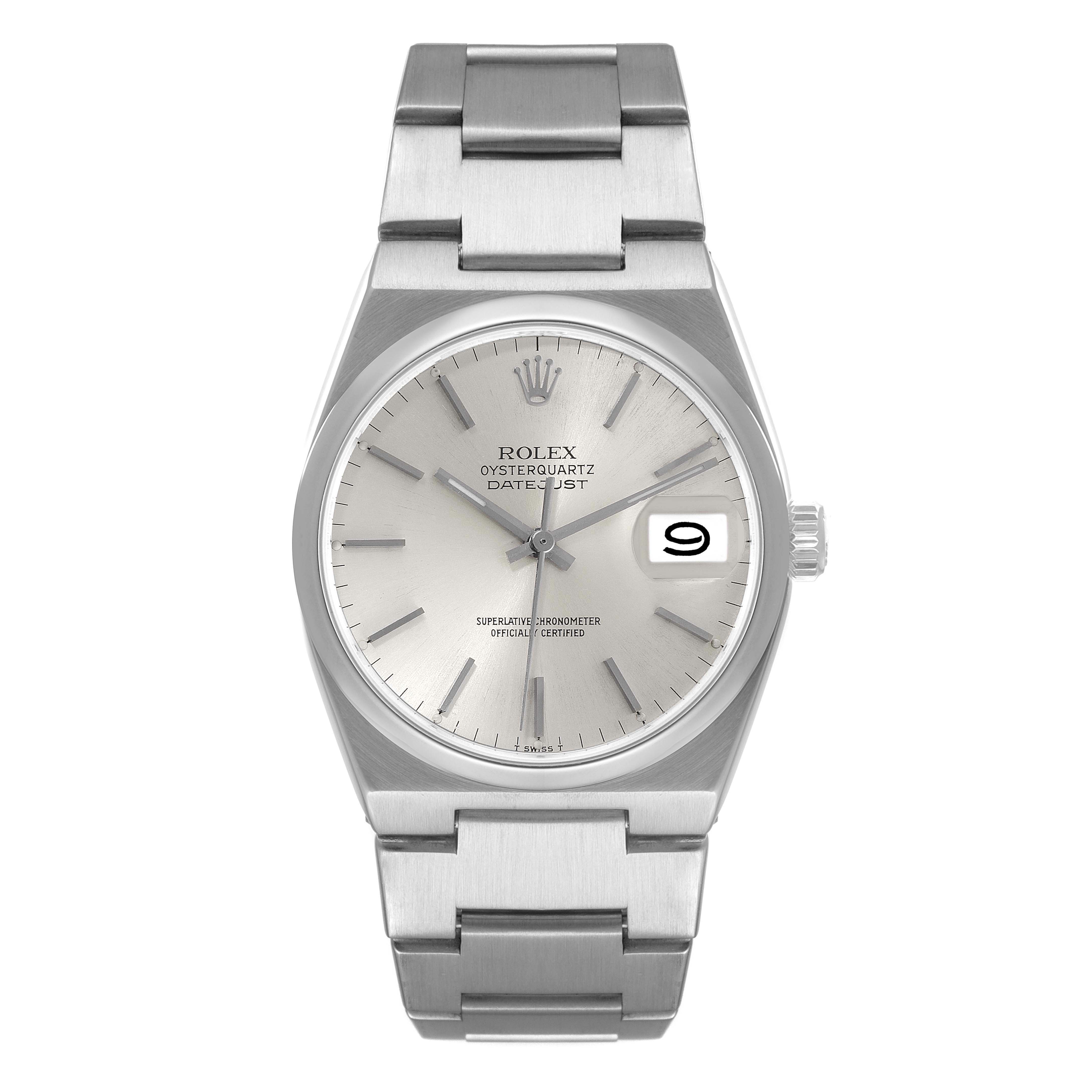 The Rolex Oysterquartz 17000 Men's Stainless Steel Silver Dial 17000 Men's Stainless Steel Silver Dial watch is shown from a top-down angle displaying the face, bracelet, and date window.