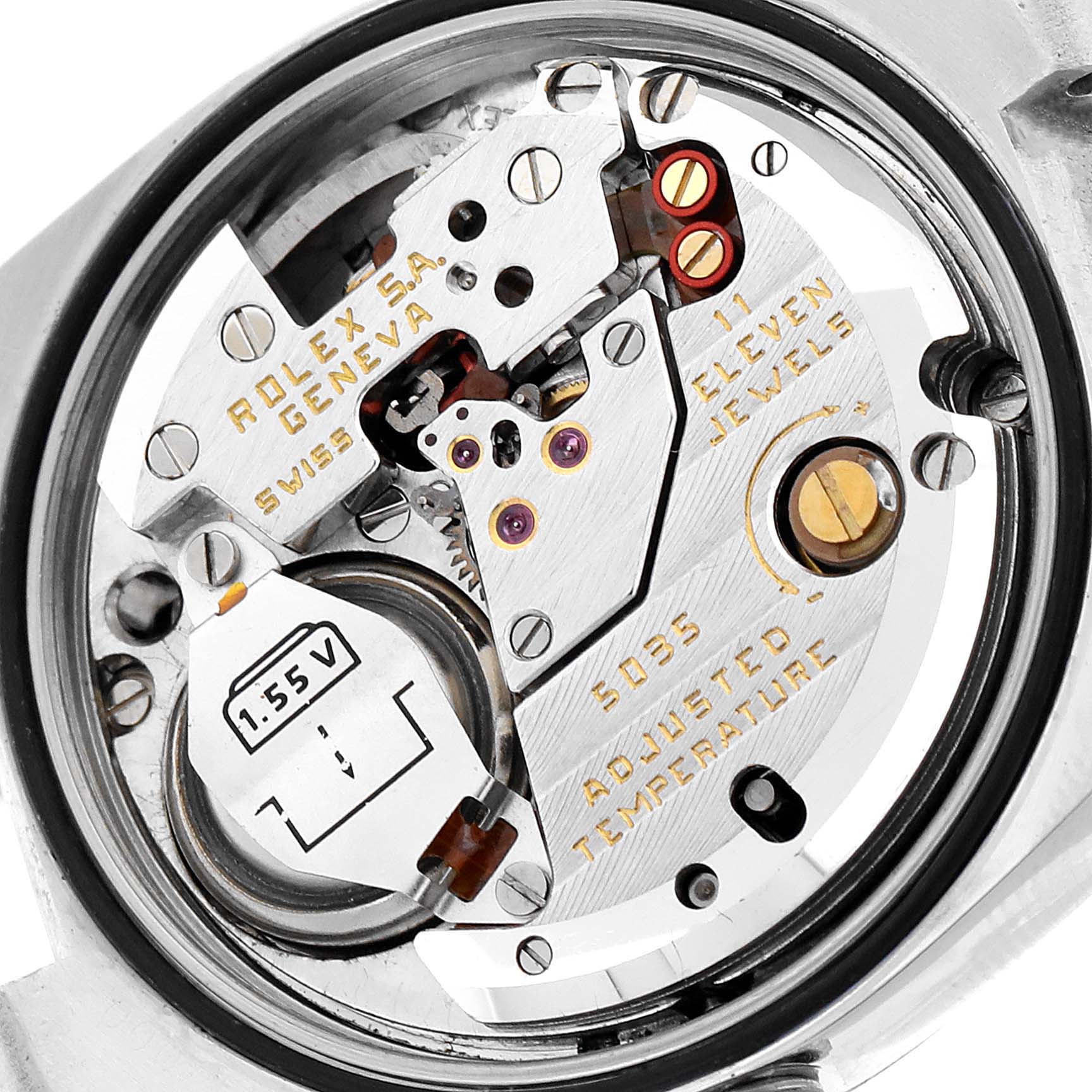 This image shows the internal mechanism of a Rolex Oysterquartz 17000 Men's Stainless Steel Silver Dial 17000 Men's Stainless Steel Silver Dial watch taken from a close-up angle.