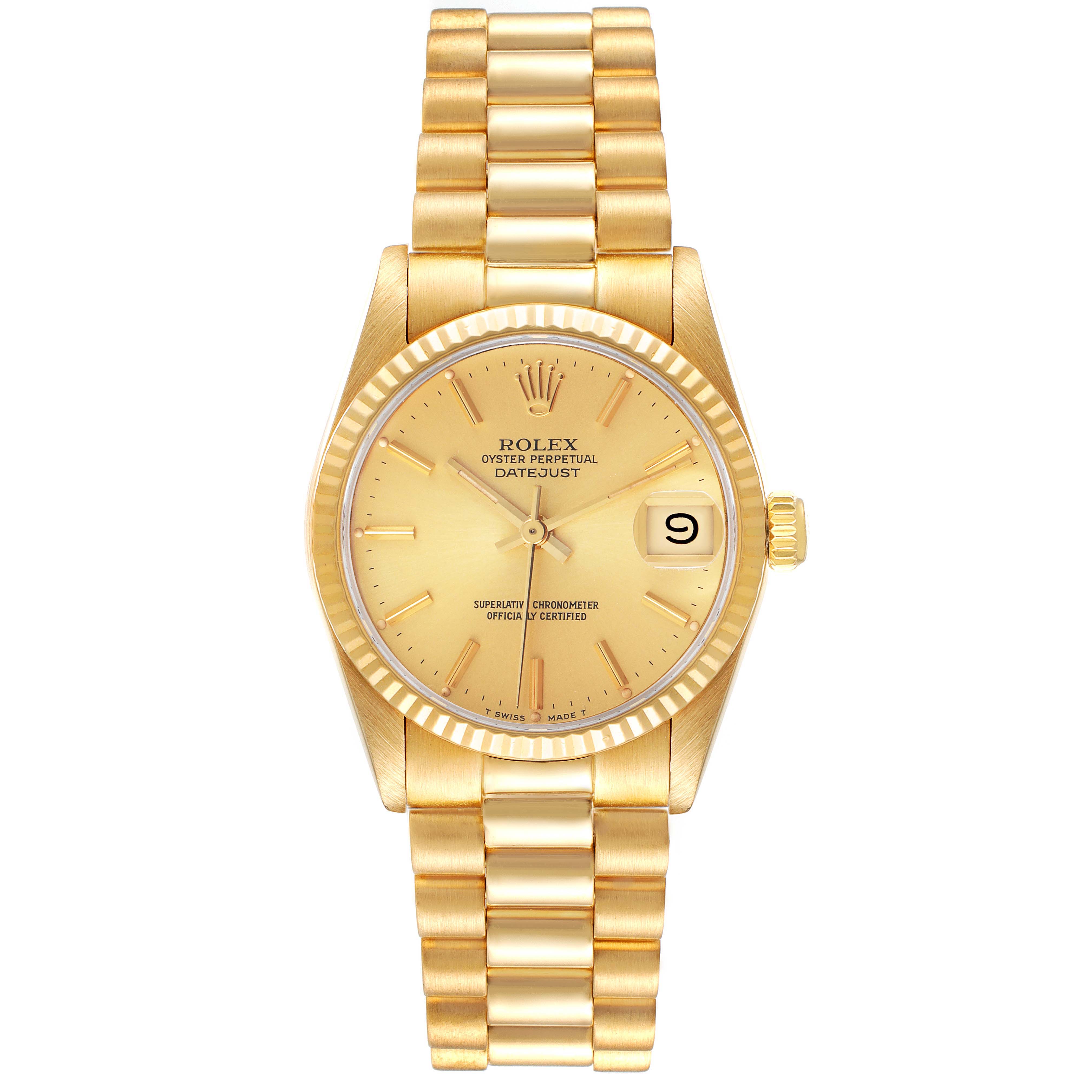 The image shows a front view of the Rolex President 68278 Women
s Yellow Gold Champagne Dial 68278 Women
s Yellow Gold Champagne Dial model watch, showcasing its dial, bezel, and bracelet.