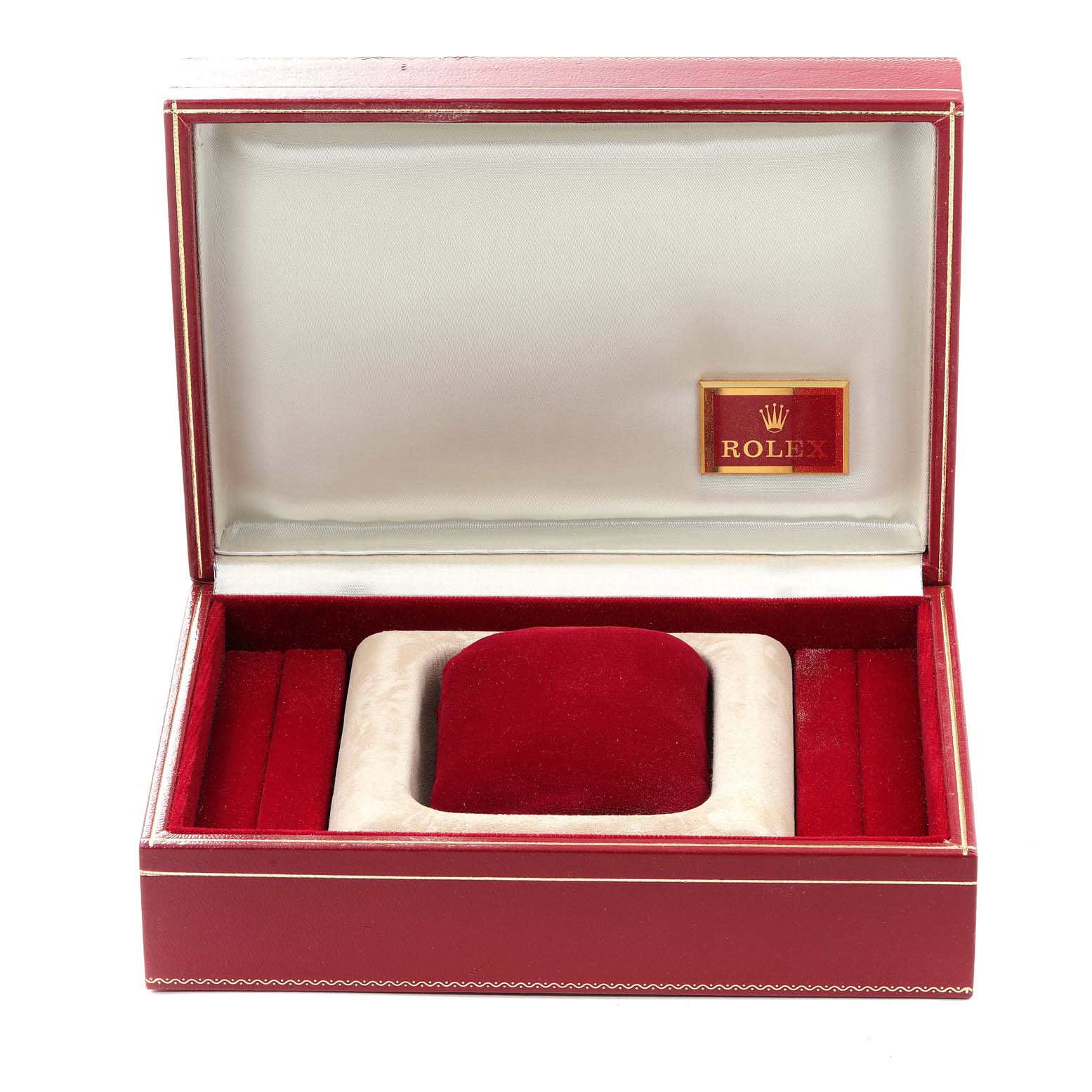 The image shows an empty Rolex President 68278 Women
s Yellow Gold Champagne Dial 68278 Women
s Yellow Gold Champagne Dial watch case opened, with red and white interior padding.
