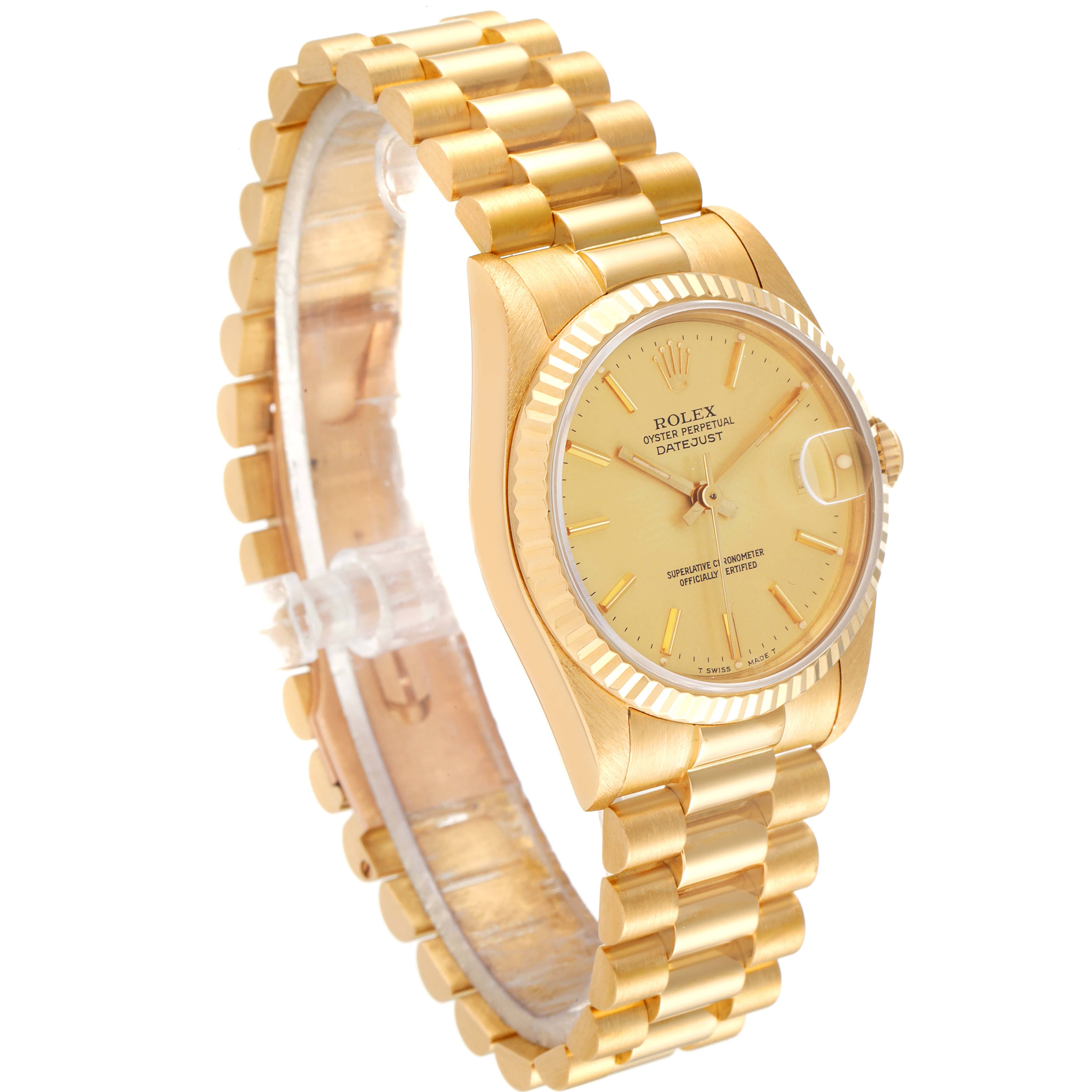 The image shows a side angle view of a Rolex President 68278 Women
s Yellow Gold Champagne Dial 68278 Women
s Yellow Gold Champagne Dial model watch, highlighting its gold bracelet, case, and dial.