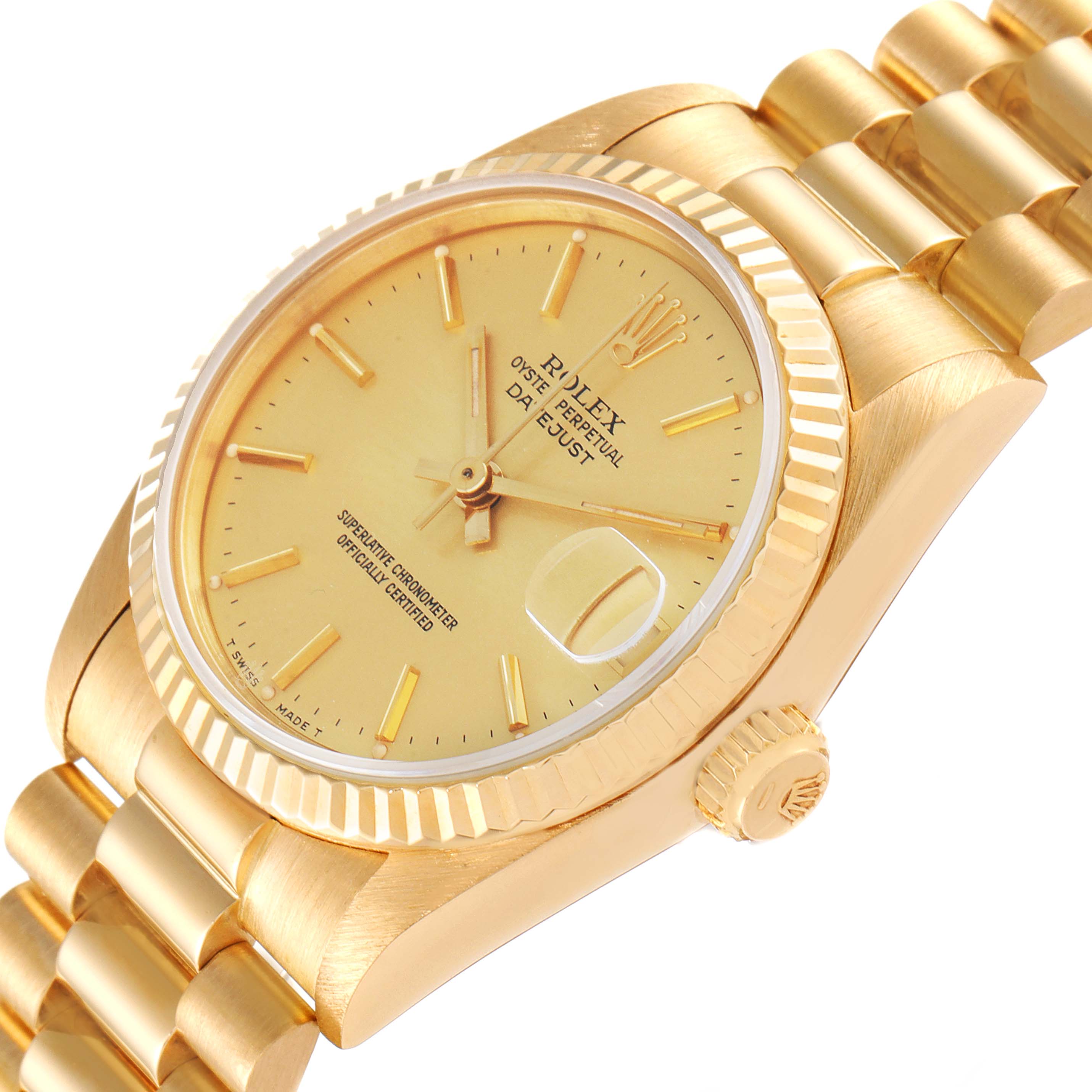 The image shows a Rolex President 68278 Women
s Yellow Gold Champagne Dial 68278 Women
s Yellow Gold Champagne Dial model watch angled to display the dial, bezel, crown, and part of the bracelet.