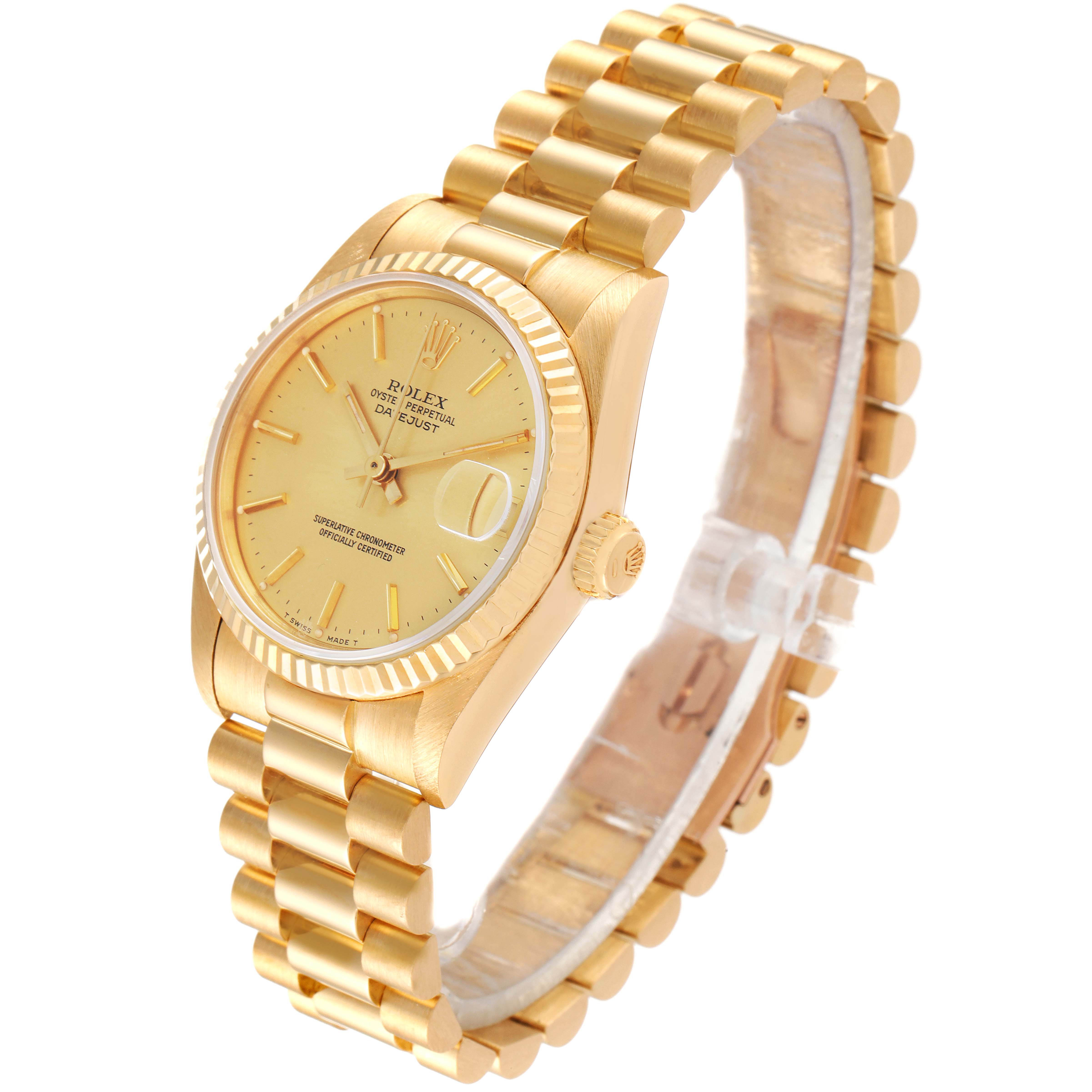 The image shows a Rolex President 68278 Women
s Yellow Gold Champagne Dial 68278 Women
s Yellow Gold Champagne Dial model watch at a three-quarter angle, displaying its gold face, fluted bezel, and the President bracelet.