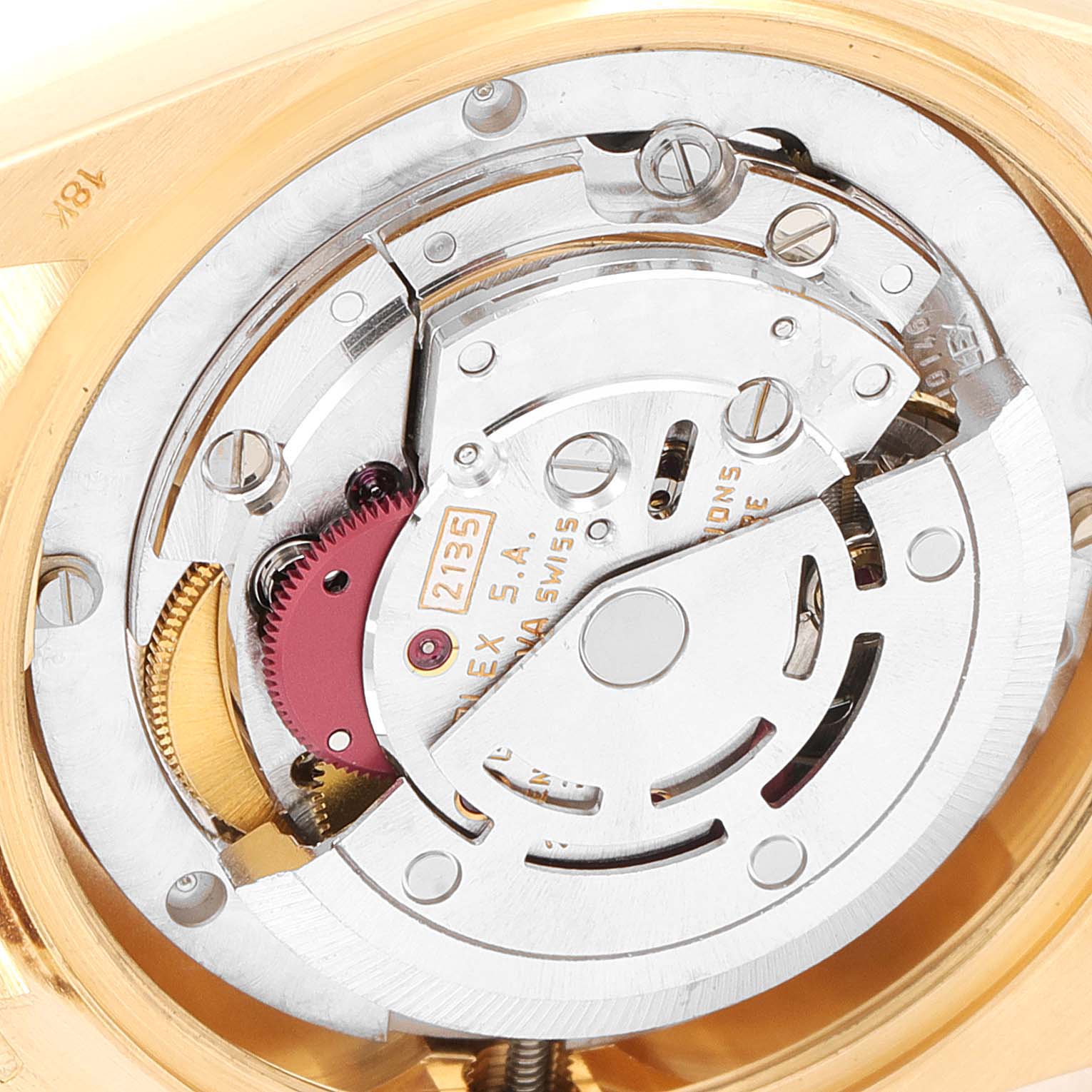 The image shows a close-up view of the internal movement mechanism of a Rolex President 68278 Women
s Yellow Gold Champagne Dial 68278 Women
s Yellow Gold Champagne Dial model watch.