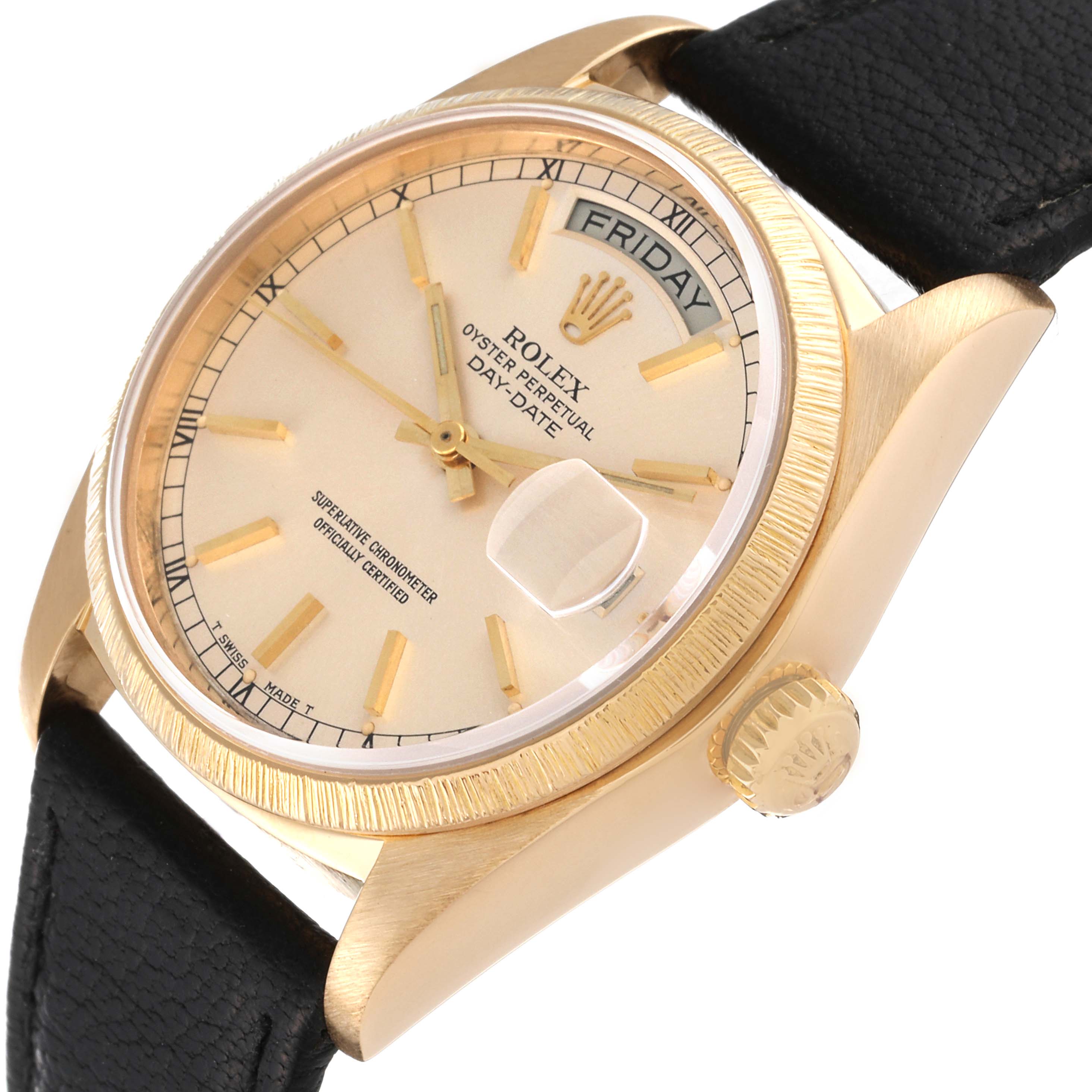 This image shows a Rolex President 18078 Men
s Yellow Gold Silver Dial 18078 Men
s Yellow Gold Silver Dial model watch at a side angle, featuring the dial, crown, and part of the strap.