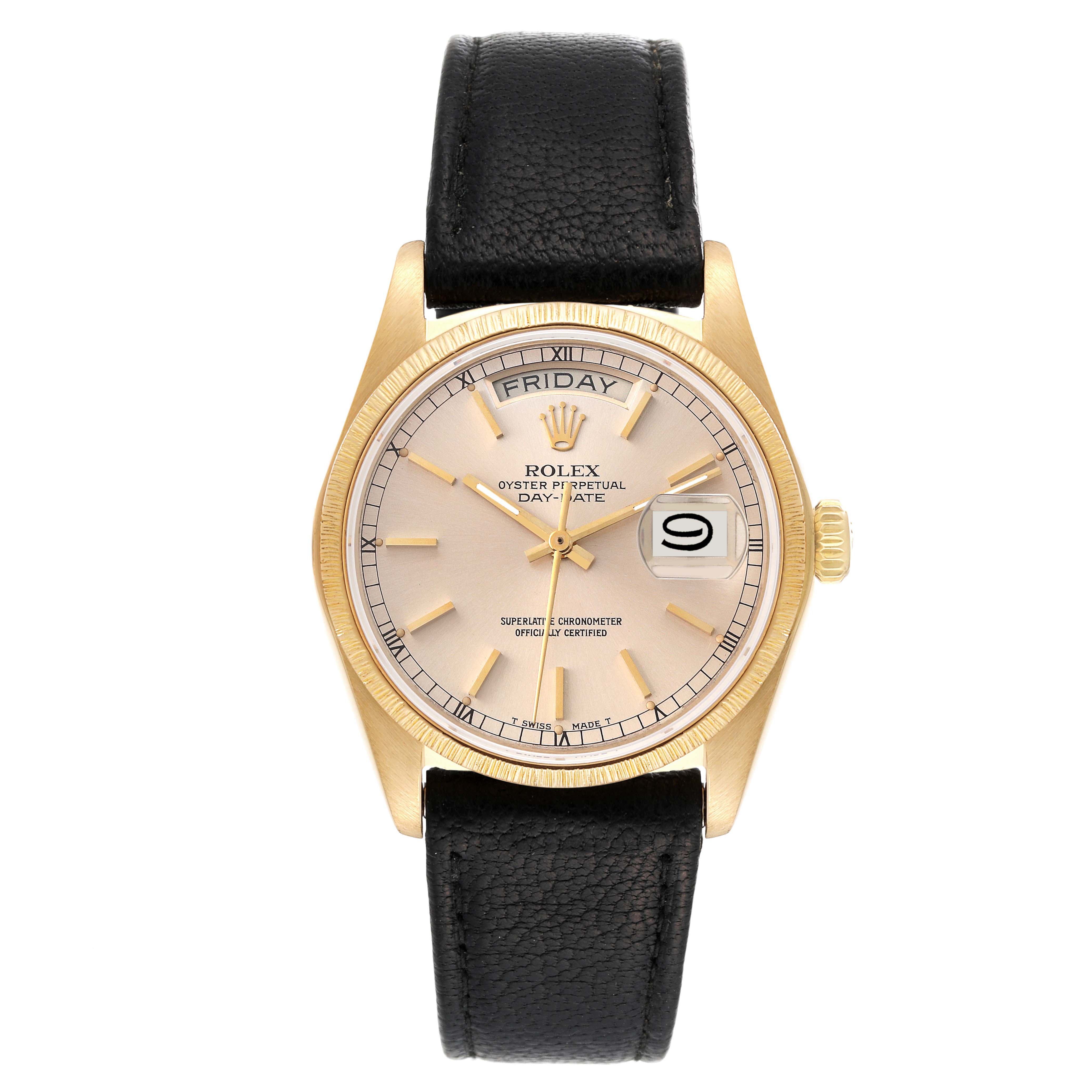 This Rolex President 18078 Men
s Yellow Gold Silver Dial 18078 Men
s Yellow Gold Silver Dial model watch is shown from a front angle, displaying its dial, hands, date, and leather strap.