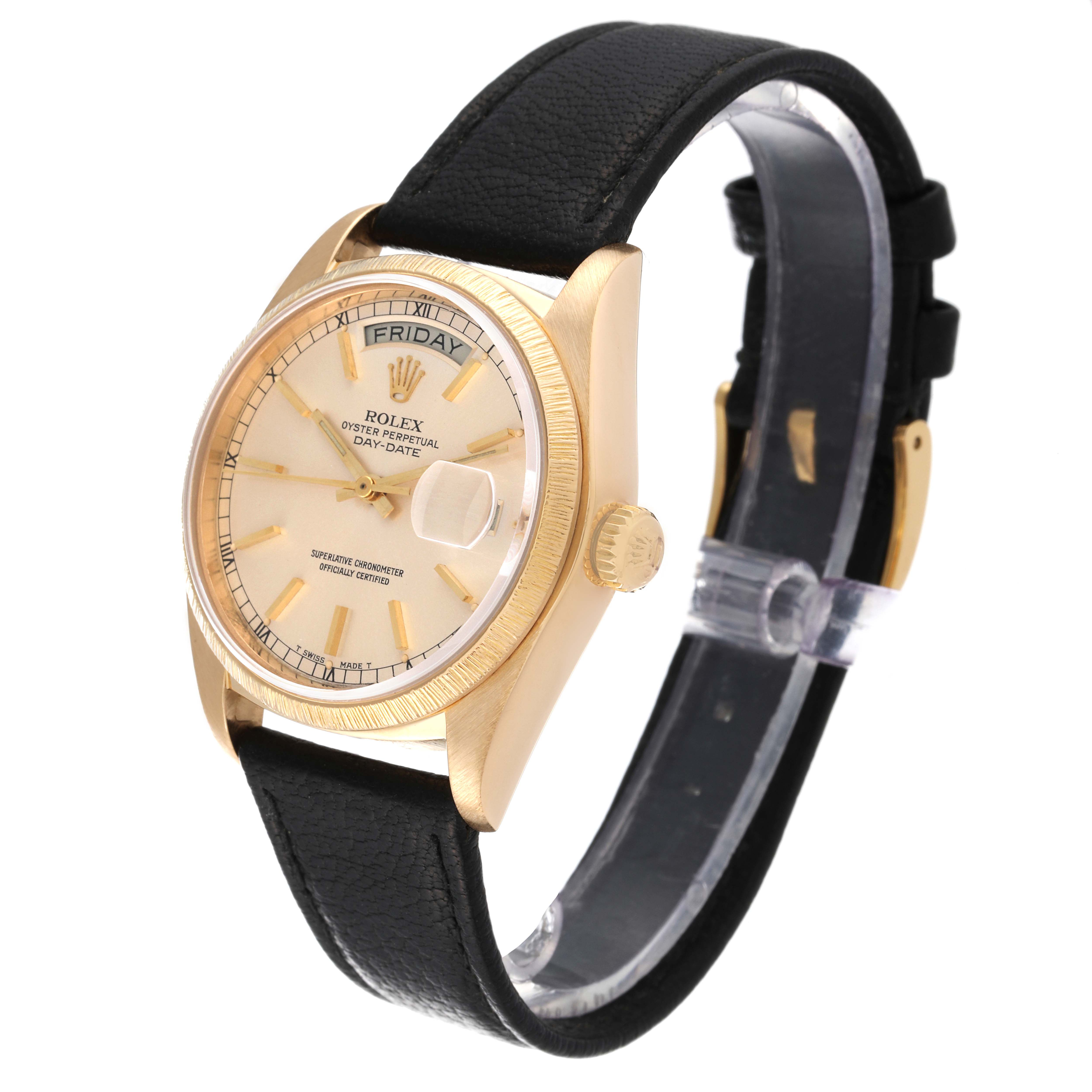 The Rolex President 18078 Men
s Yellow Gold Silver Dial 18078 Men
s Yellow Gold Silver Dial model watch is shown at a slight angle, displaying the face, bezel, crown, and strap.