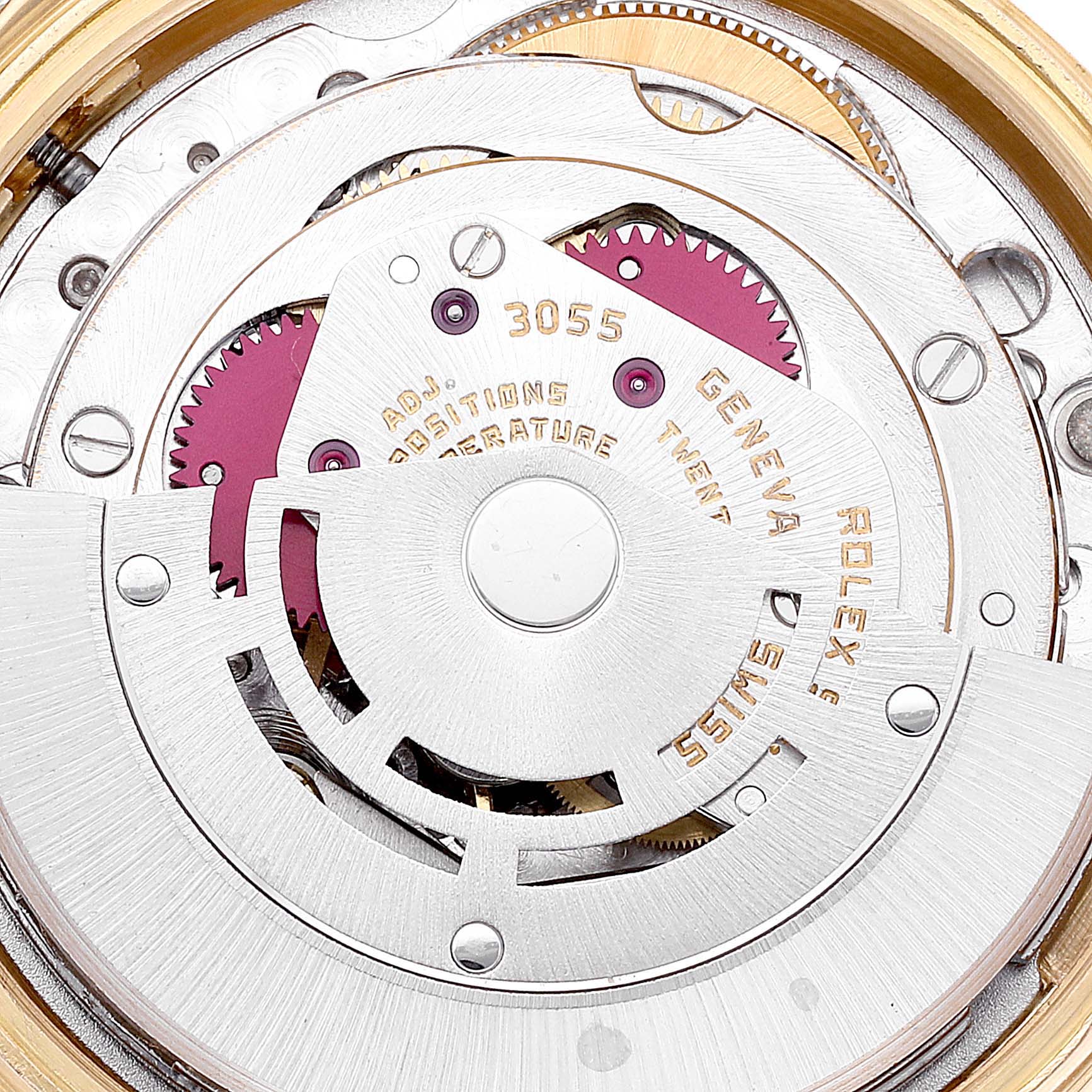 This image shows a close-up of the movement mechanism of a Rolex President 18078 Men
s Yellow Gold Silver Dial 18078 Men
s Yellow Gold Silver Dial model watch.
