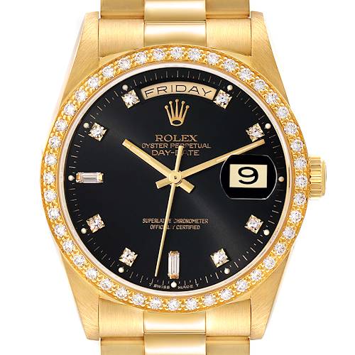 Photo of Rolex President Day Date 36mm Yellow Gold Black Dial Diamond Mens Watch 18348