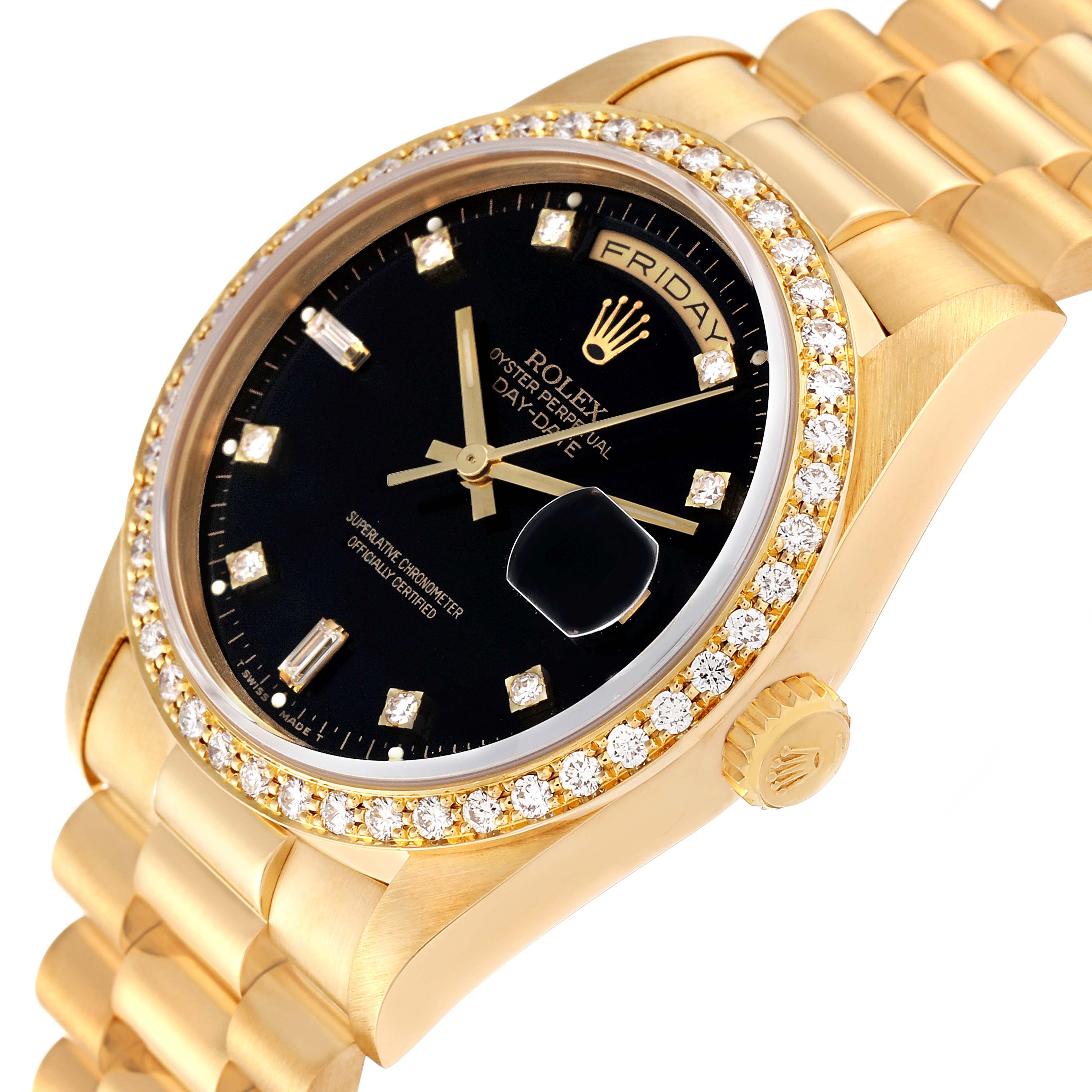 The Rolex President 18348 Men's Yellow Gold Black Dial 18348 Men's Yellow Gold Black Dial model watch is shown at a three-quarter angle, highlighting the black dial, diamond bezel, and gold bracelet.