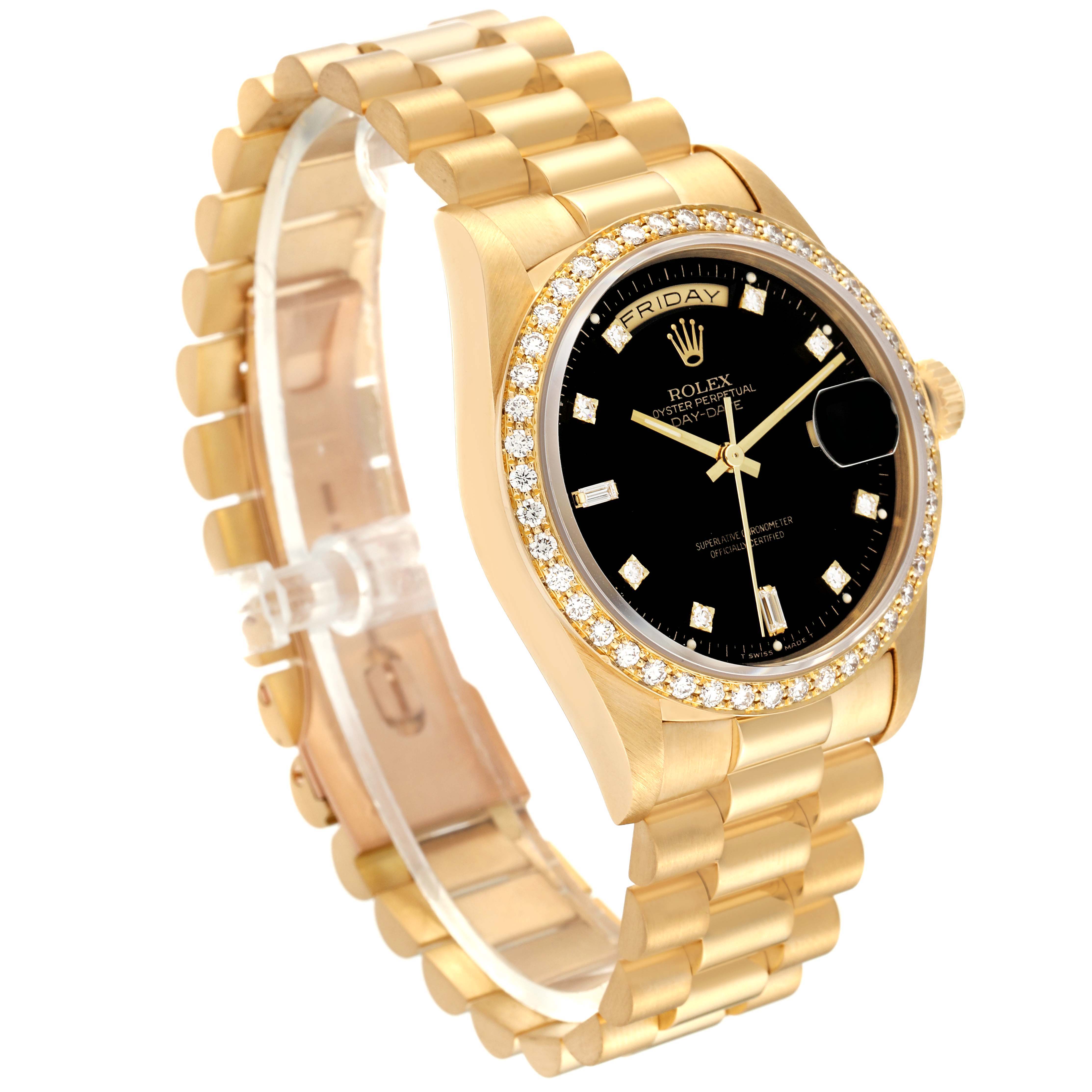 The image shows a Rolex President 18348 Men's Yellow Gold Black Dial 18348 Men's Yellow Gold Black Dial model watch at a three-quarter angle, highlighting its face, bracelet, and diamond bezel.