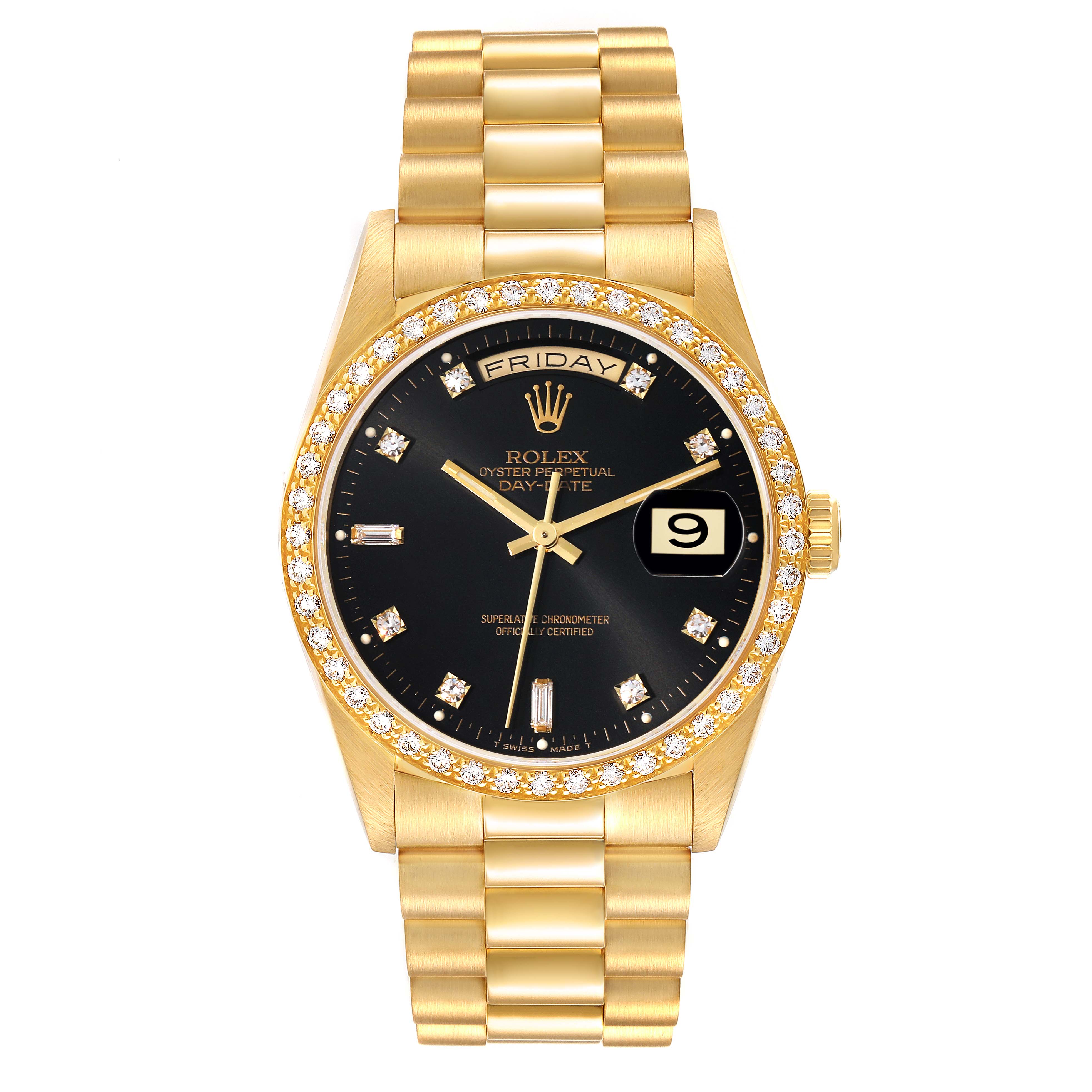 The Rolex President 18348 Men's Yellow Gold Black Dial 18348 Men's Yellow Gold Black Dial model watch is shown from a front angle, displaying its gold bracelet, black dial, and diamond bezel.