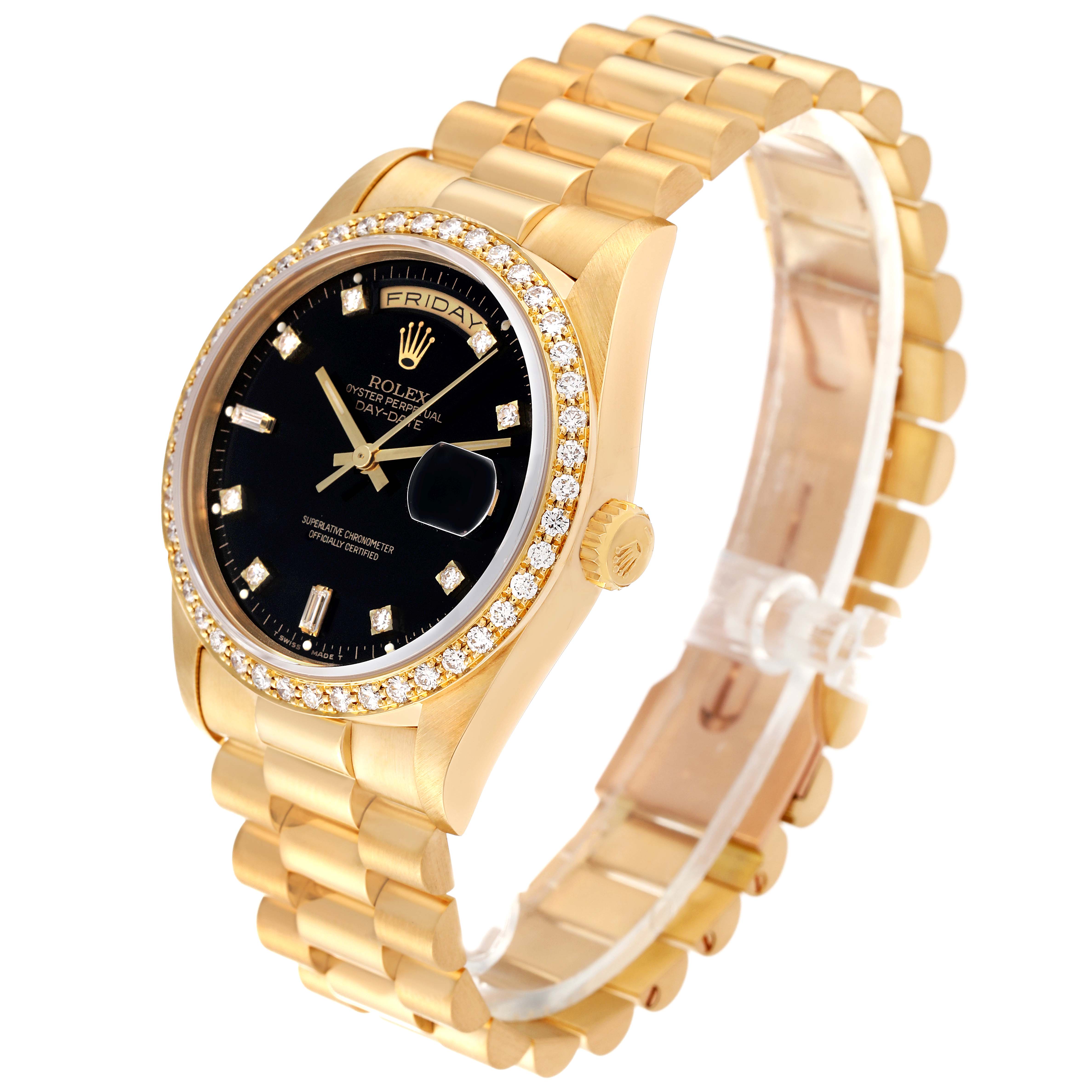 The image shows a Rolex President 18348 Men's Yellow Gold Black Dial 18348 Men's Yellow Gold Black Dial model watch at an angled view, highlighting the black dial, gold bracelet, and diamond-encrusted bezel.