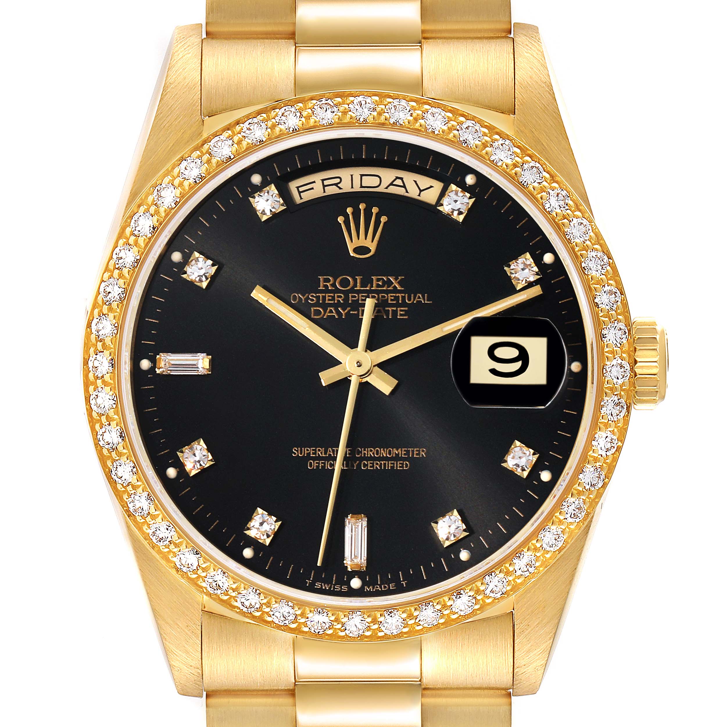 The image shows a frontal view of the Rolex President 18348 Men's Yellow Gold Black Dial 18348 Men's Yellow Gold Black Dial model, highlighting its gold case, diamond bezel, black dial, day and date features.