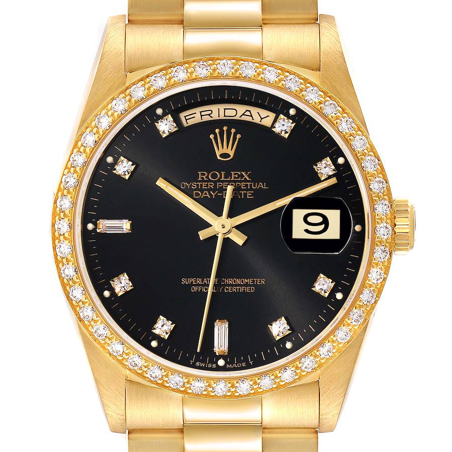 Rolex President Day Date 36mm Yellow Gold Black Dial Diamond Mens Watch 18348 SwissWatchExpo