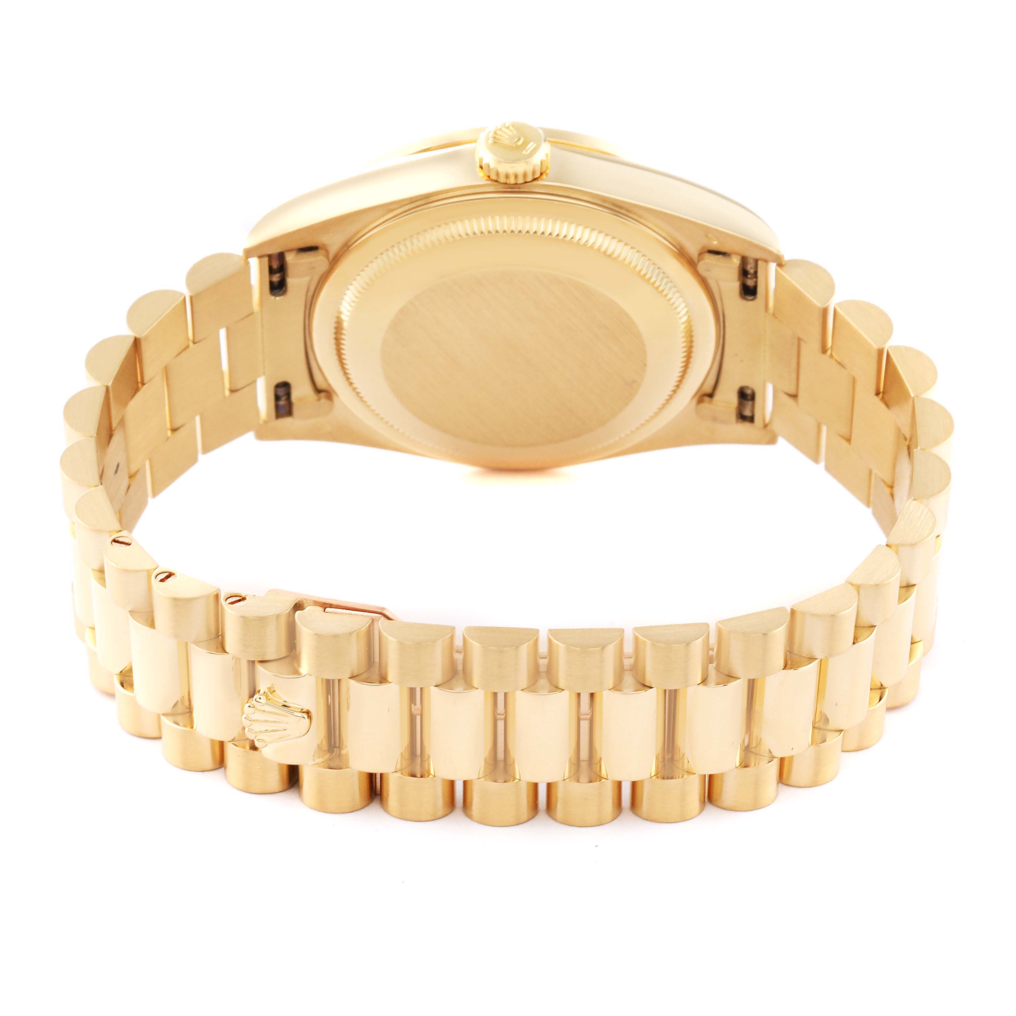 This image shows the back and bracelet of a Rolex President 18348 Men's Yellow Gold Black Dial 18348 Men's Yellow Gold Black Dial model watch, focusing on the clasp and case back.