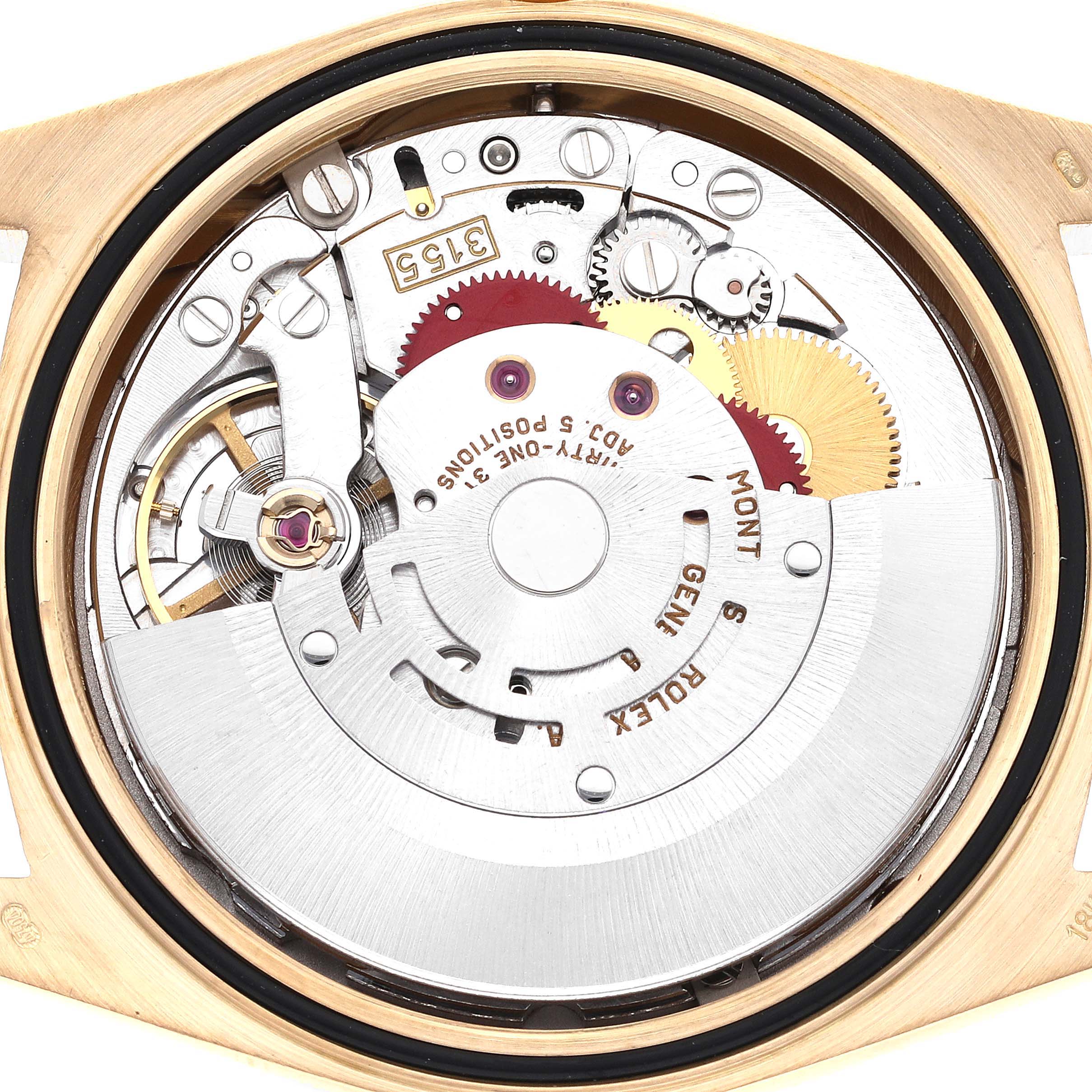 The image shows the inner mechanical movement of the Rolex President 18348 Men's Yellow Gold Black Dial 18348 Men's Yellow Gold Black Dial watch model, highlighting its gears and components.