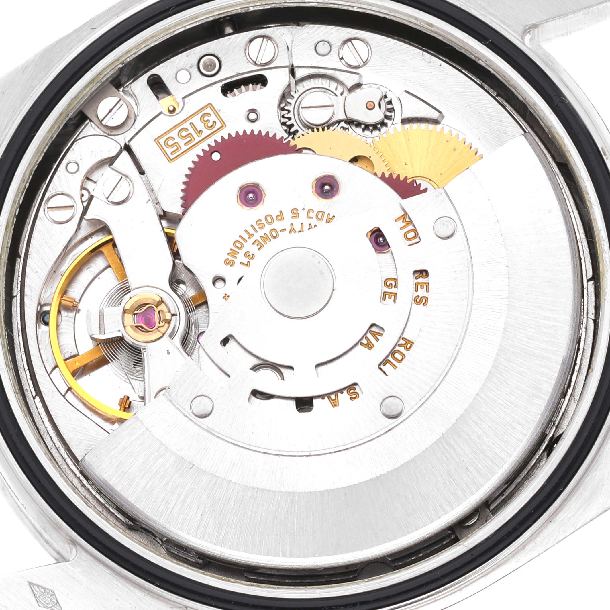 The image shows the inner movement mechanism of a Rolex President 118346 Men's Platinum Silver Dial 118346 Men's Platinum Silver Dial watch, highlighting gears and the rotor at a close angle.