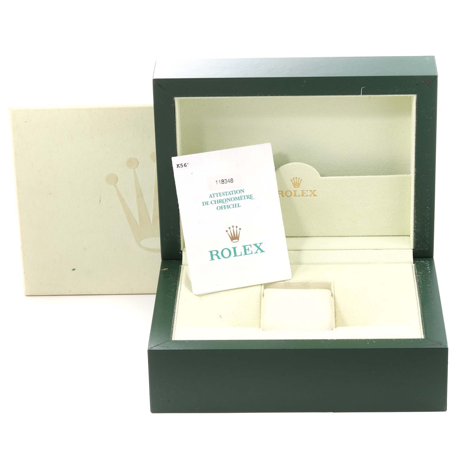 The image shows a Rolex President 118346 Men's Platinum Silver Dial 118346 Men's Platinum Silver Dial model watch box and certificate from a front angle.