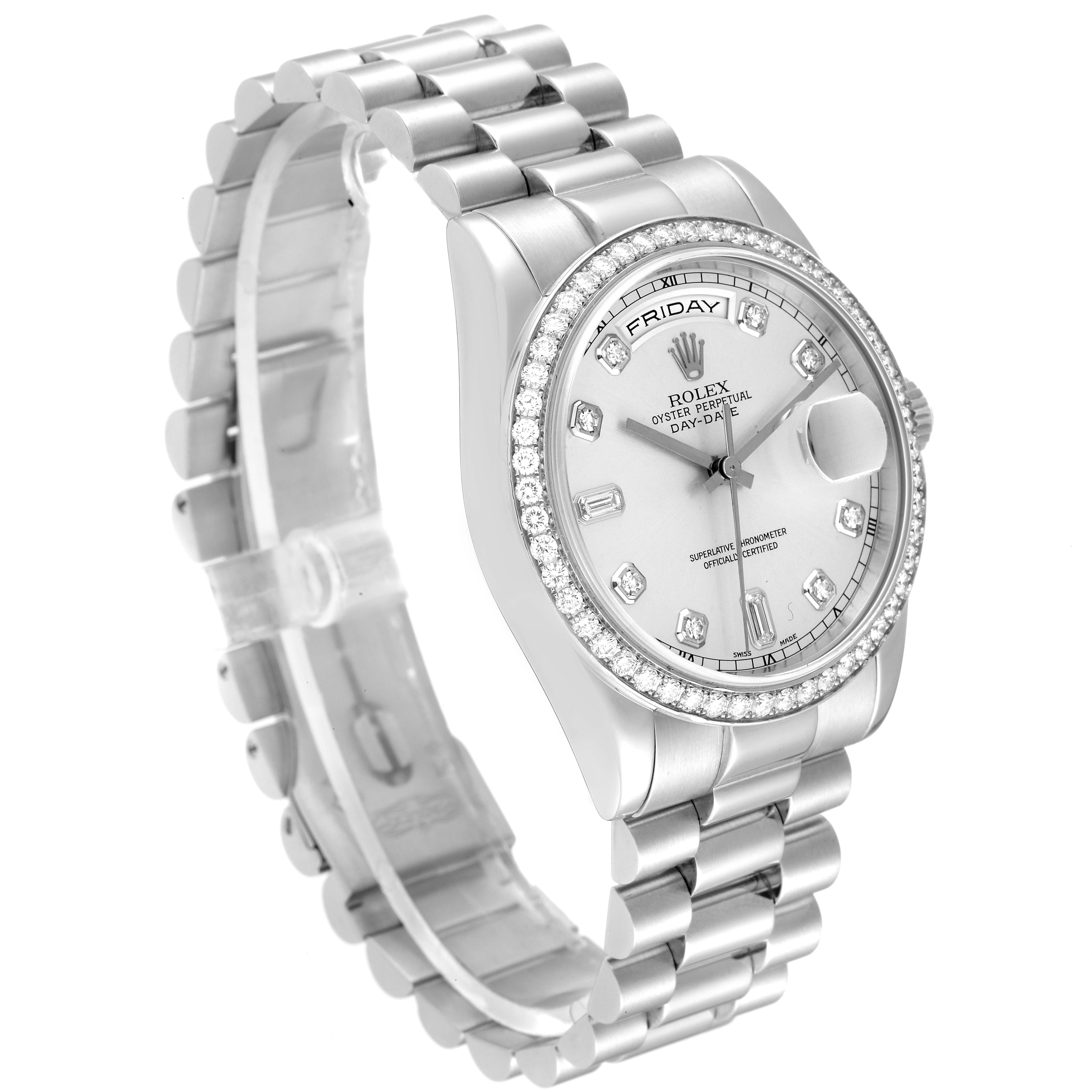 The Rolex President 118346 Men's Platinum Silver Dial 118346 Men's Platinum Silver Dial watch is shown from an angled side view, displaying the bracelet, bezel, face, and crown.
