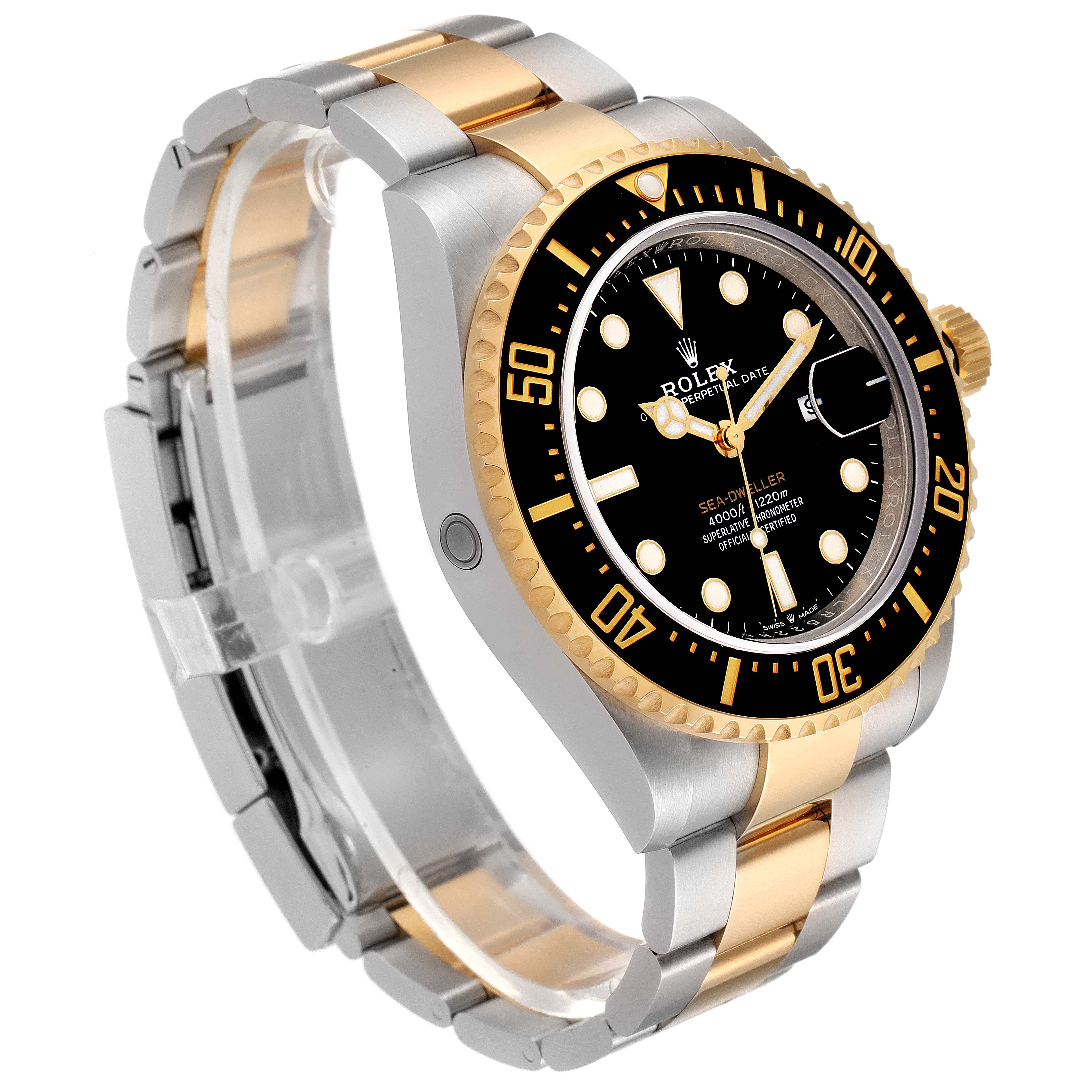 The image shows a Rolex Sea-Dweller 126603 Men's Steel and Gold (two tone) Black Dial 126603 Men's Steel and Gold (two tone) Black Dial watch from a slight side angle, highlighting the bezel, dial, and two-tone bracelet.