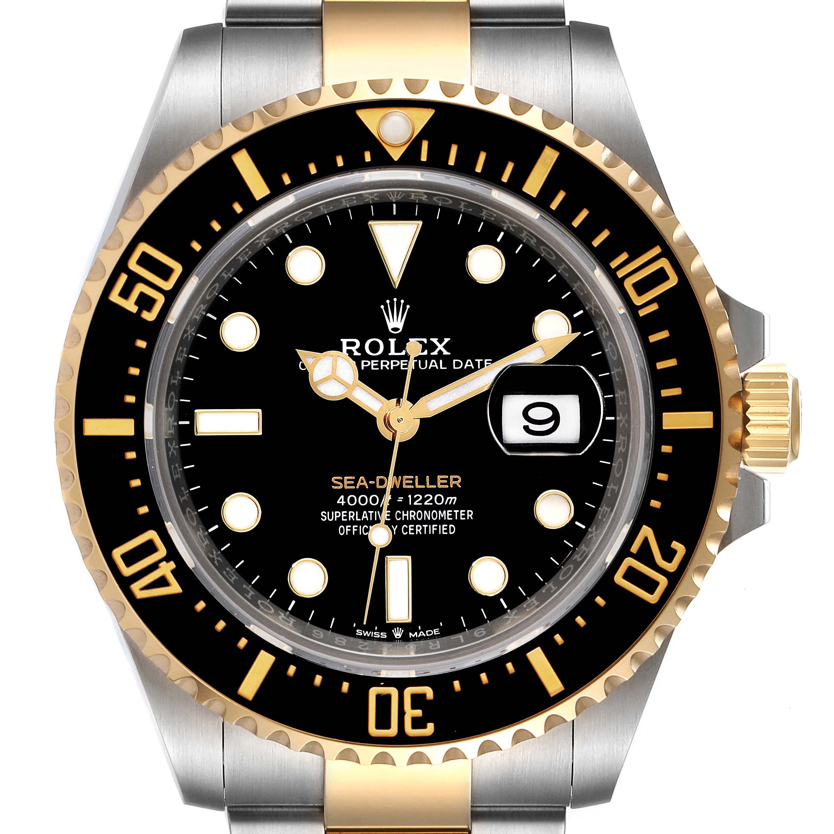 The image shows a front view of a Rolex Sea-Dweller 126603 Men's Steel and Gold (two tone) Black Dial 126603 Men's Steel and Gold (two tone) Black Dial watch, highlighting the dial, bezel, and part of the bracelet.