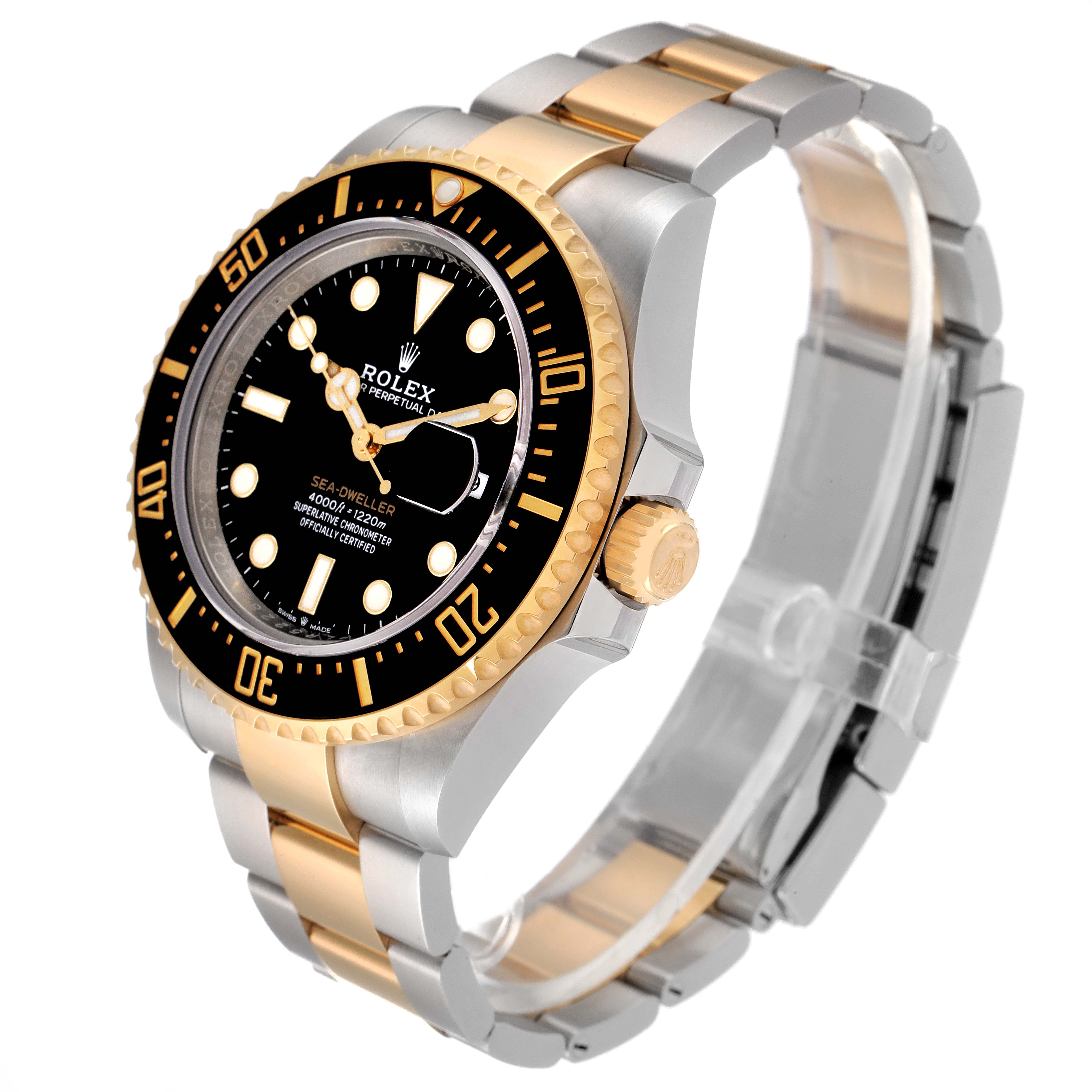 The image shows a Rolex Sea-Dweller 126603 Men's Steel and Gold (two tone) Black Dial 126603 Men's Steel and Gold (two tone) Black Dial watch at a front-left angle, highlighting the bezel, dial, crown, and two-tone bracelet.