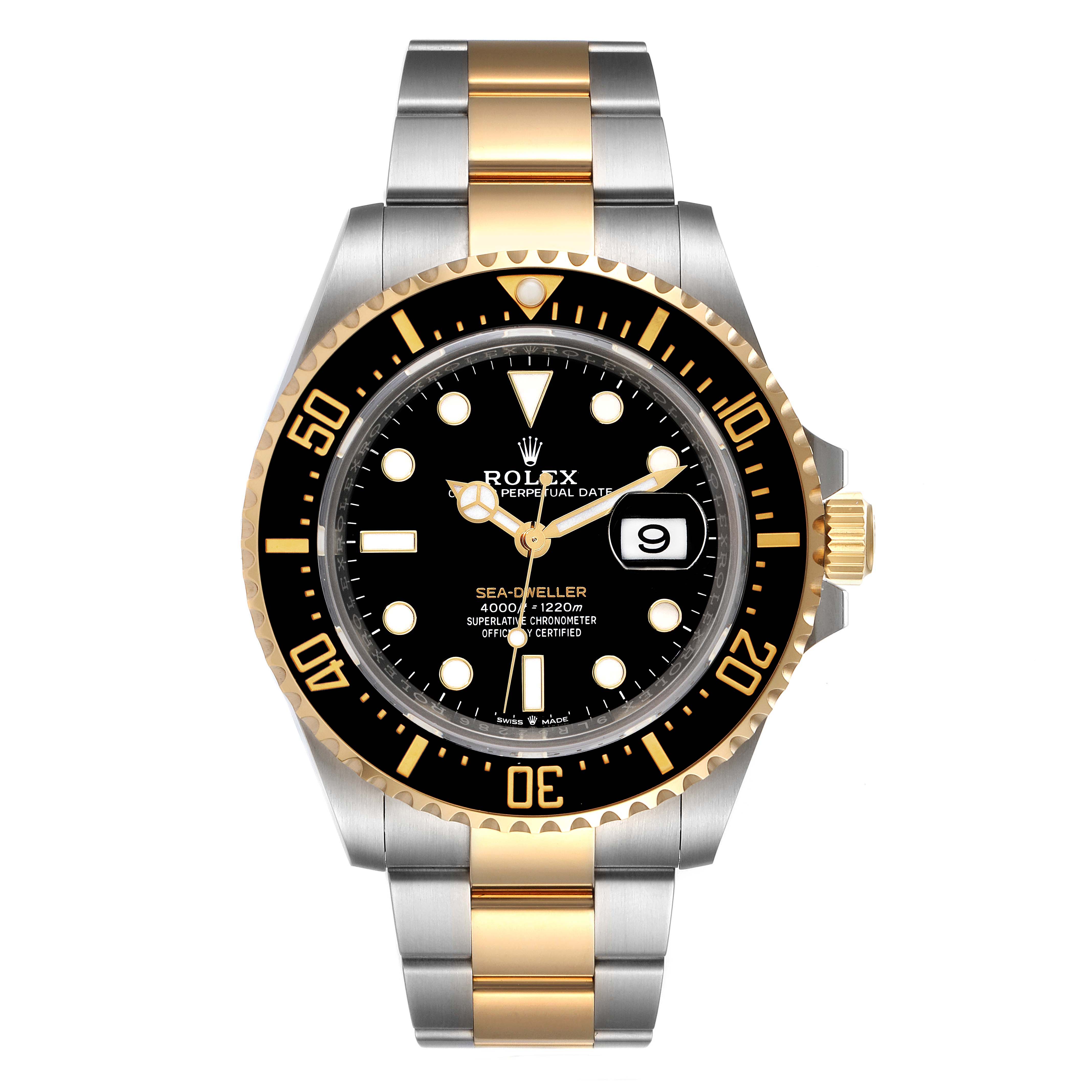 The image shows a front view of a Rolex Sea-Dweller 126603 Men's Steel and Gold (two tone) Black Dial 126603 Men's Steel and Gold (two tone) Black Dial watch, highlighting the dial, bezel, and bracelet.
