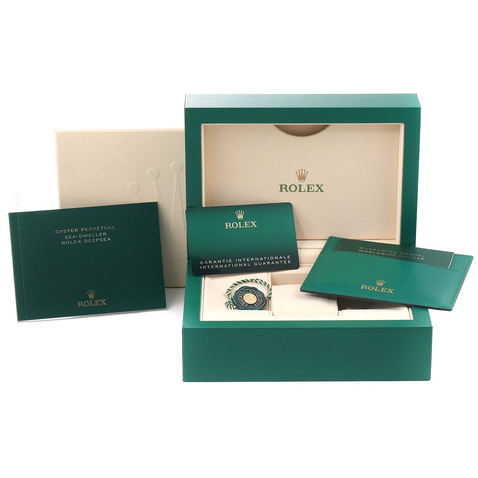 The image shows a Rolex Sea-Dweller 126603 Men's Steel and Gold (two tone) Black Dial 126603 Men's Steel and Gold (two tone) Black Dial watch box with accessories, including booklets, a guarantee card, and a tag, viewed from the front.