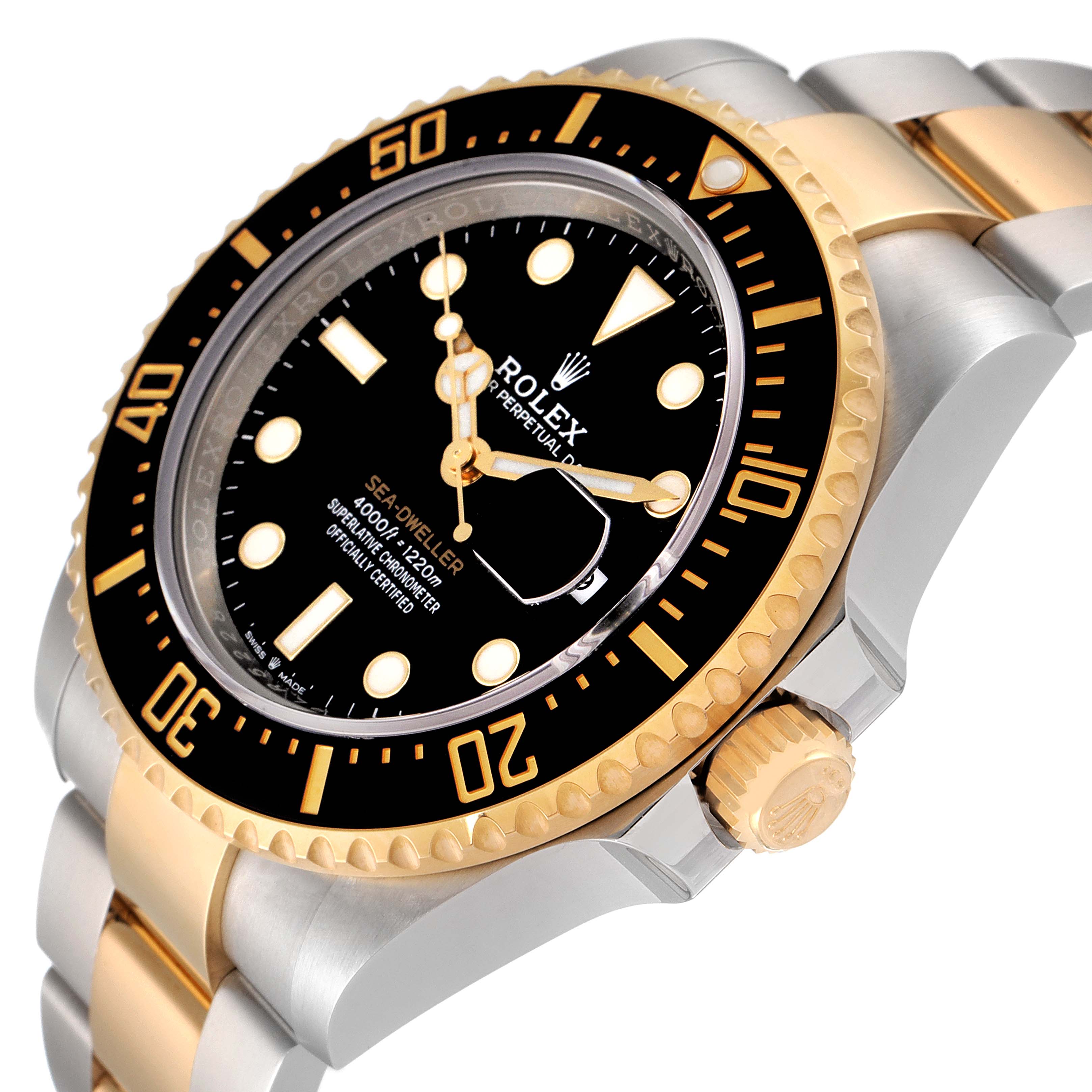 The image shows a Rolex Sea-Dweller 126603 Men's Steel and Gold (two tone) Black Dial 126603 Men's Steel and Gold (two tone) Black Dial watch at an oblique angle, highlighting its bezel, dial, crown, and part of the bracelet.