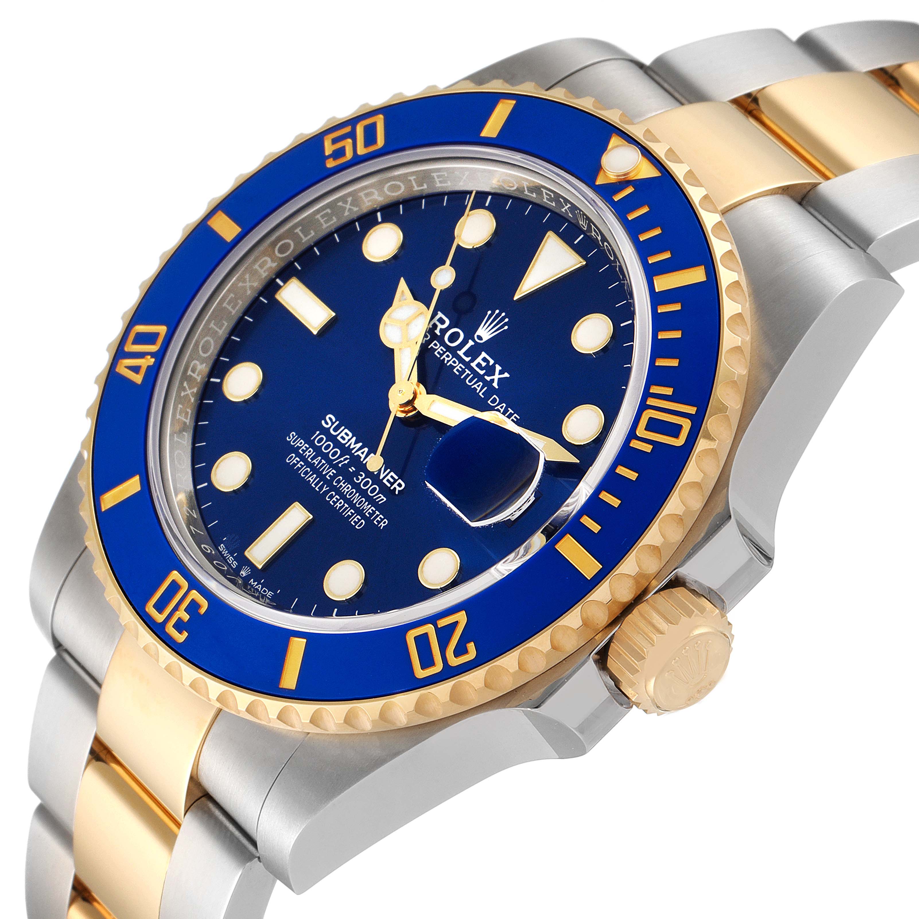This Rolex Submariner 126613 Men's Steel and Gold (two tone) Blue Dial 126613 Men's Steel and Gold (two tone) Blue Dial watch is shown from a side angle, displaying its blue bezel, face, and two-tone gold and silver bracelet.