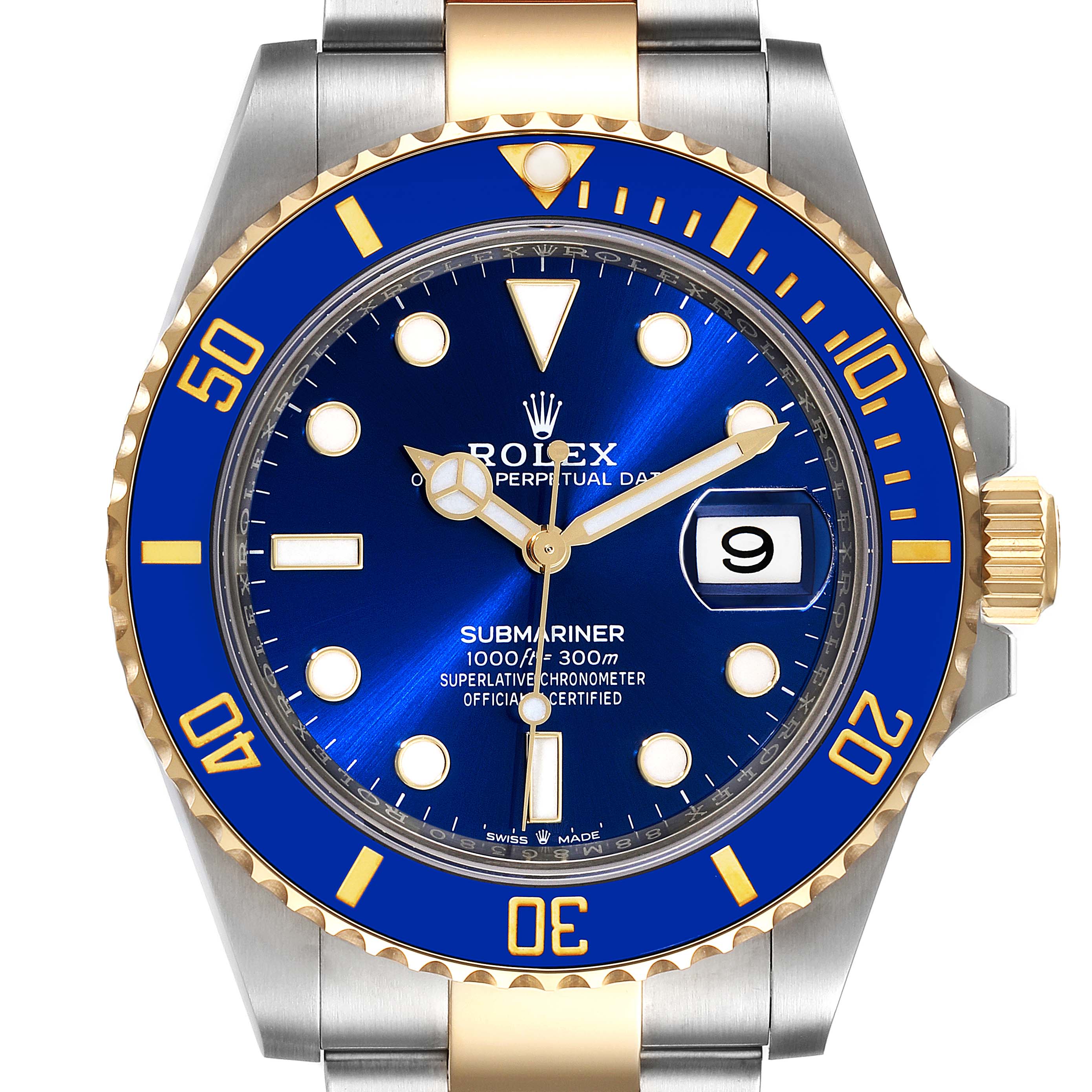 This image of the Rolex Submariner 126613 Men's Steel and Gold (two tone) Blue Dial 126613 Men's Steel and Gold (two tone) Blue Dial model watch shows a front view, highlighting the dial, bezel, and bracelet.